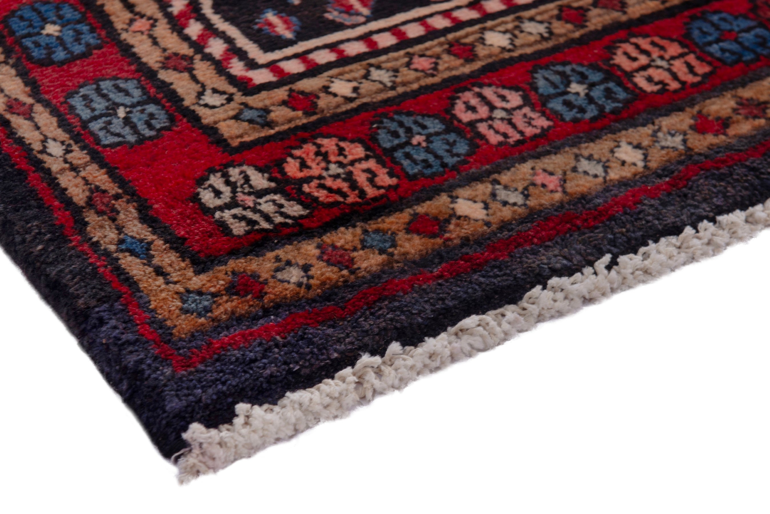 Persian Hamedan runner rug in navy and burgundy, view 4 of 18