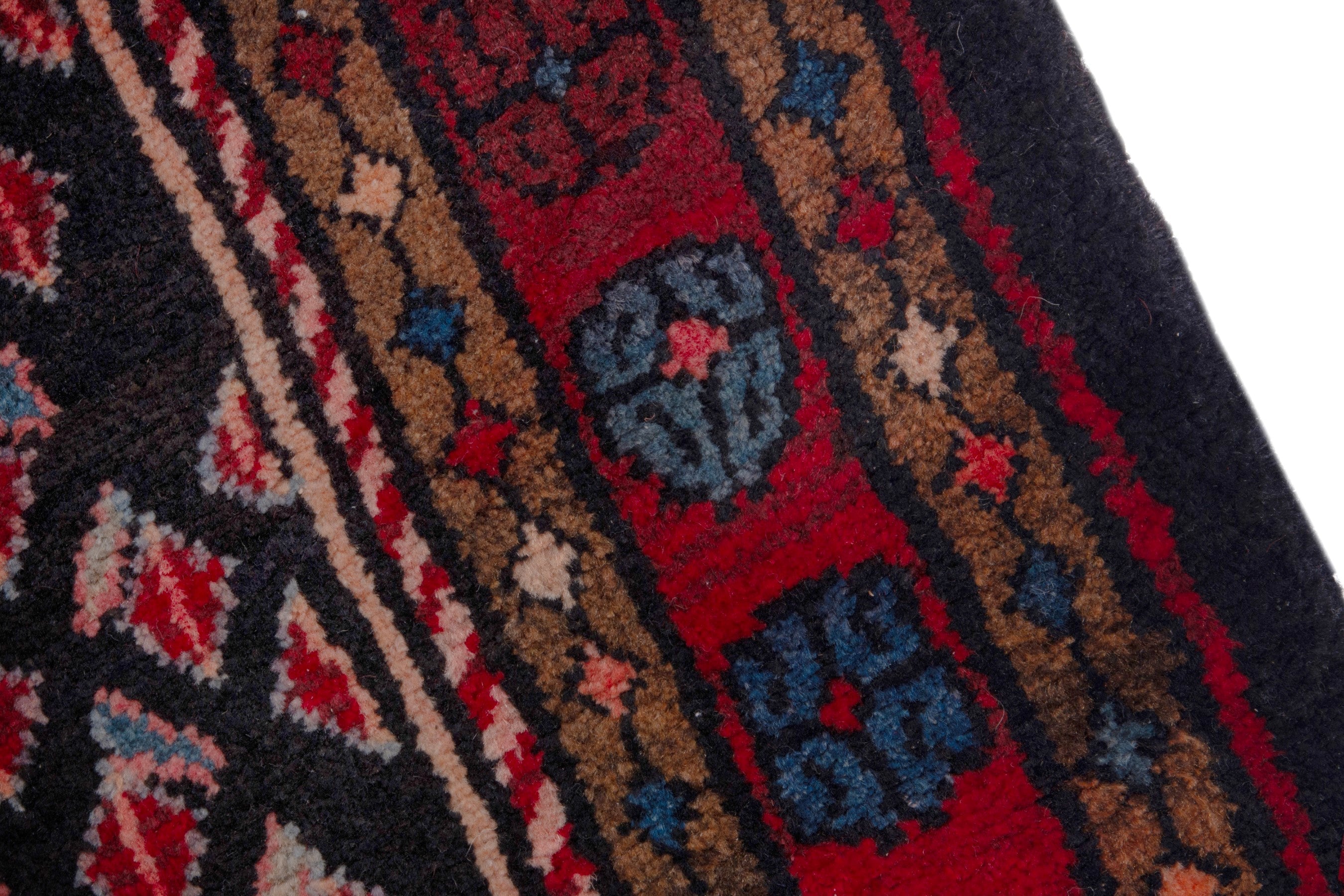 Persian Hamedan runner rug in navy and burgundy, view 7 of 18