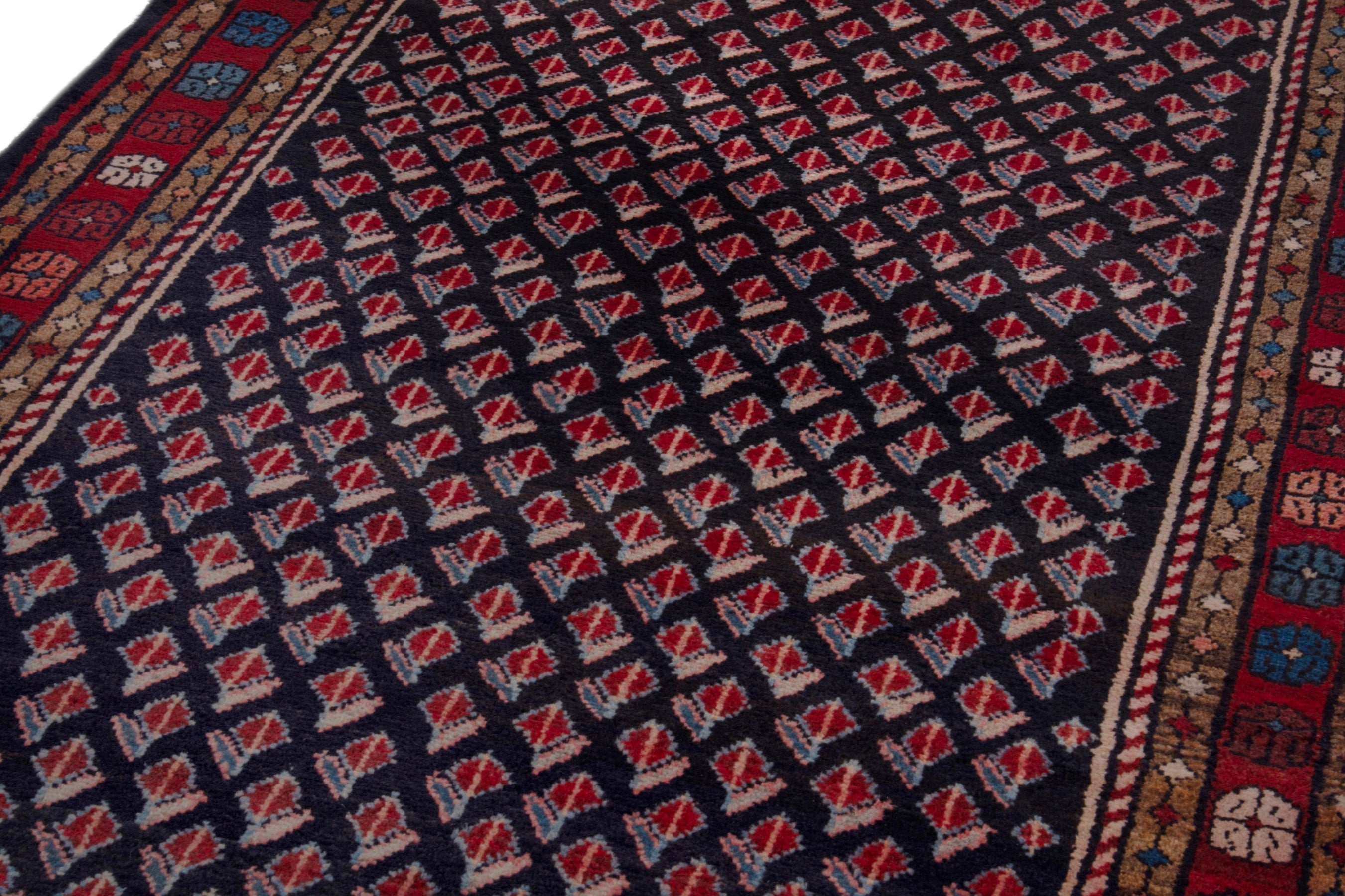 Persian Hamedan runner rug in navy and burgundy, view 9 of 18