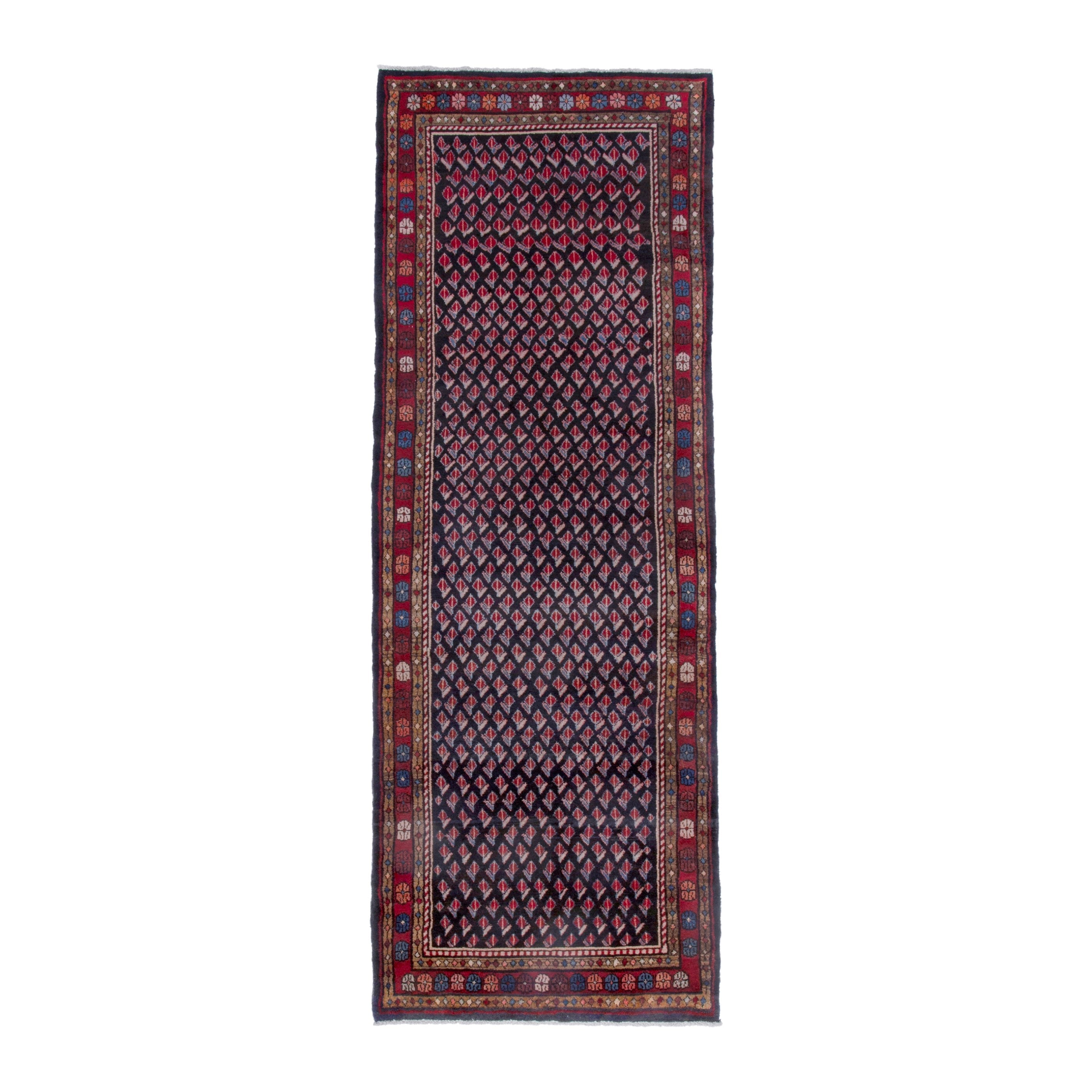 Persian Hamedan runner rug in navy and burgundy, 3'9" x 10'7"