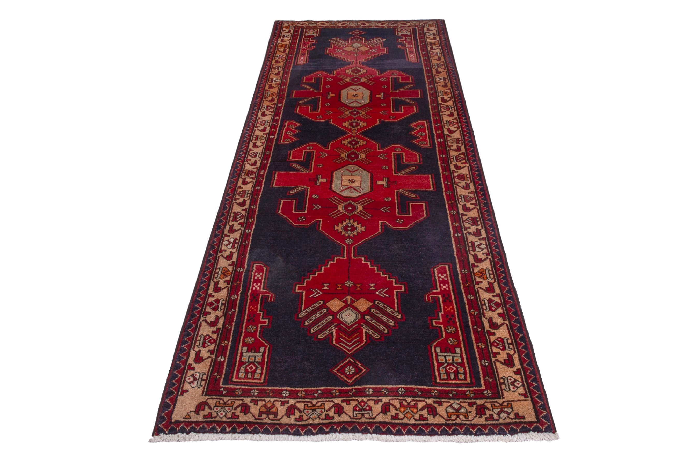Persian Azerbaijan runner rug in navy and deep red, view 2 of 17