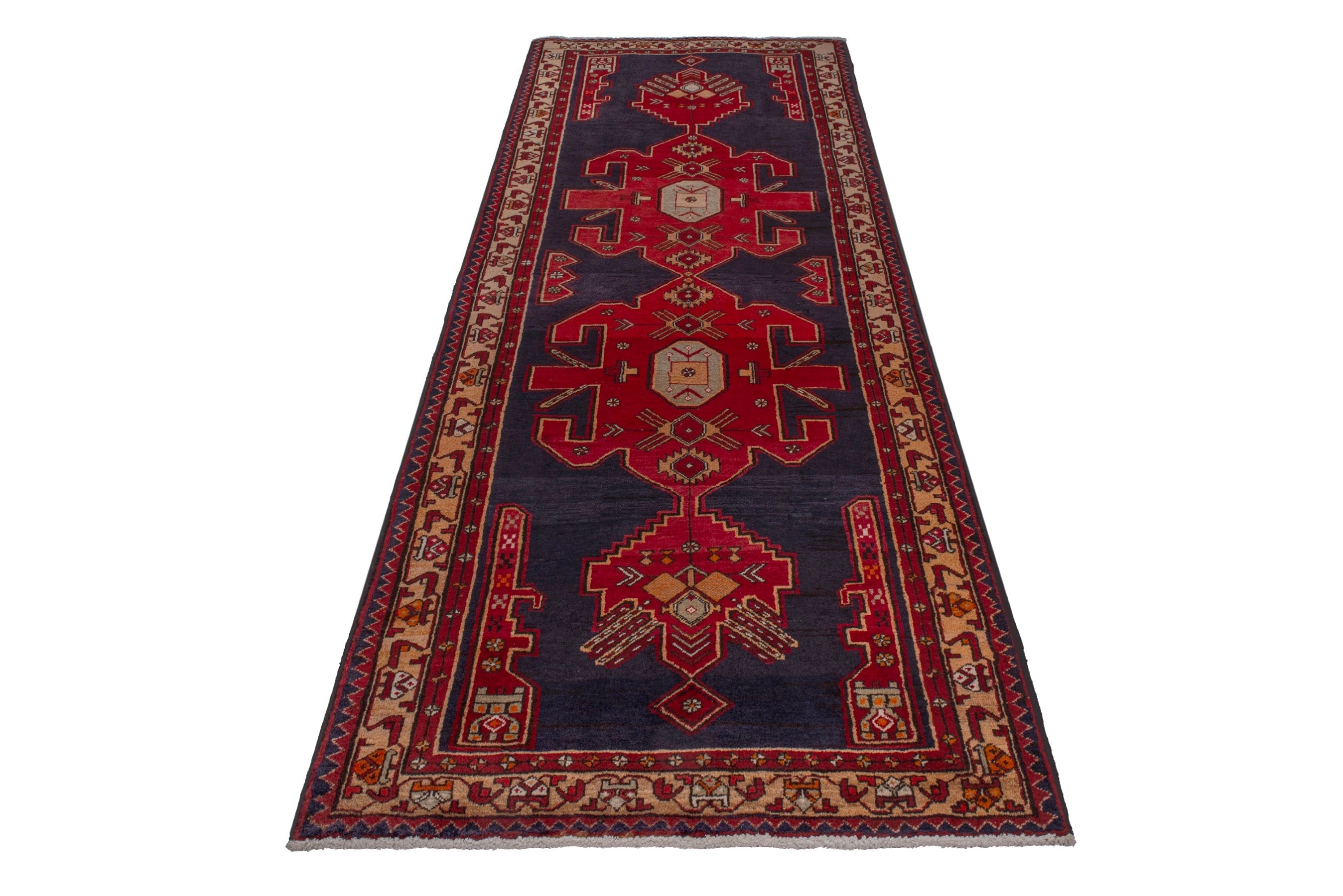 Persian Azerbaijan runner rug in navy and deep red, view 3 of 17