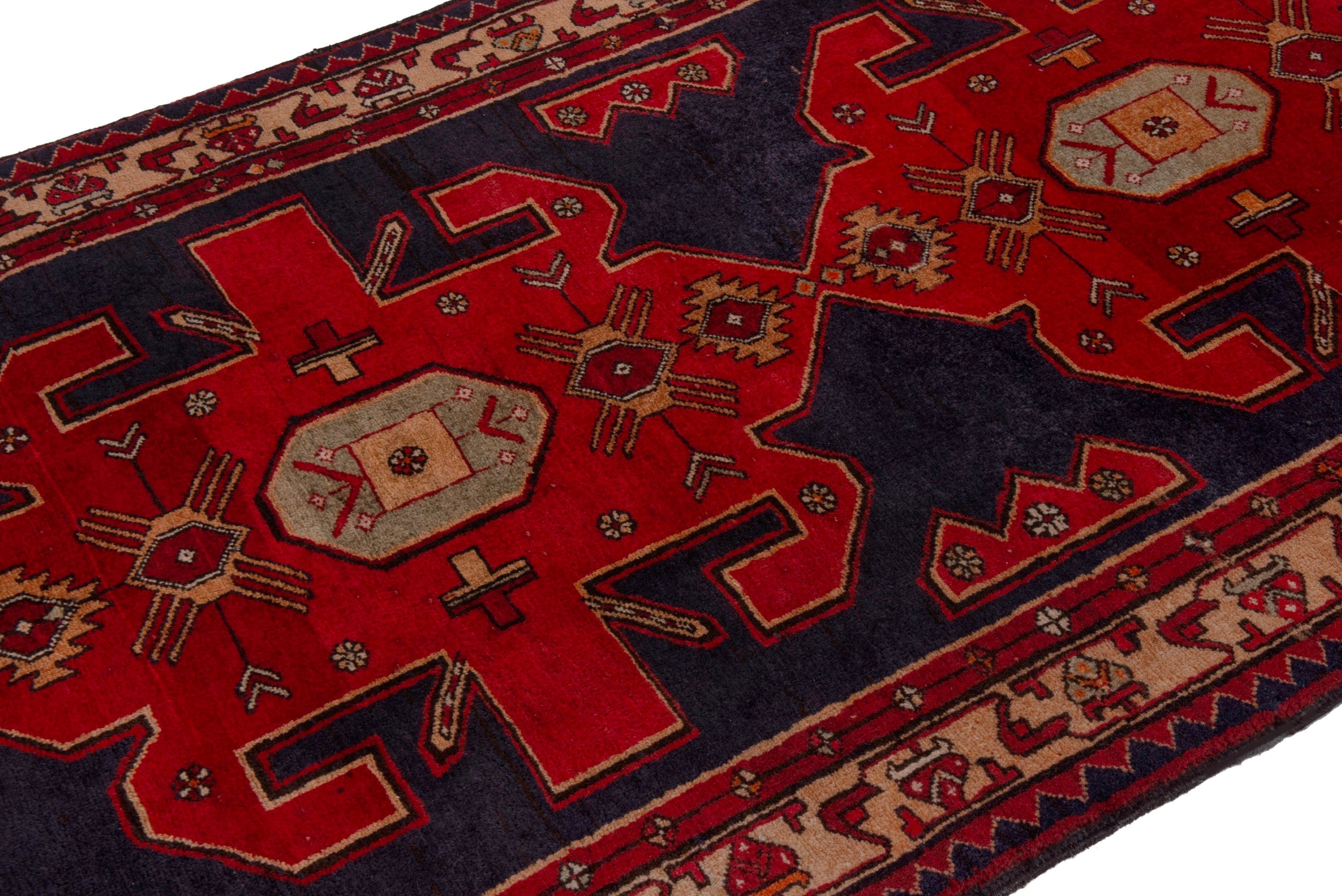 Persian Azerbaijan runner rug in navy and deep red, view 6 of 17