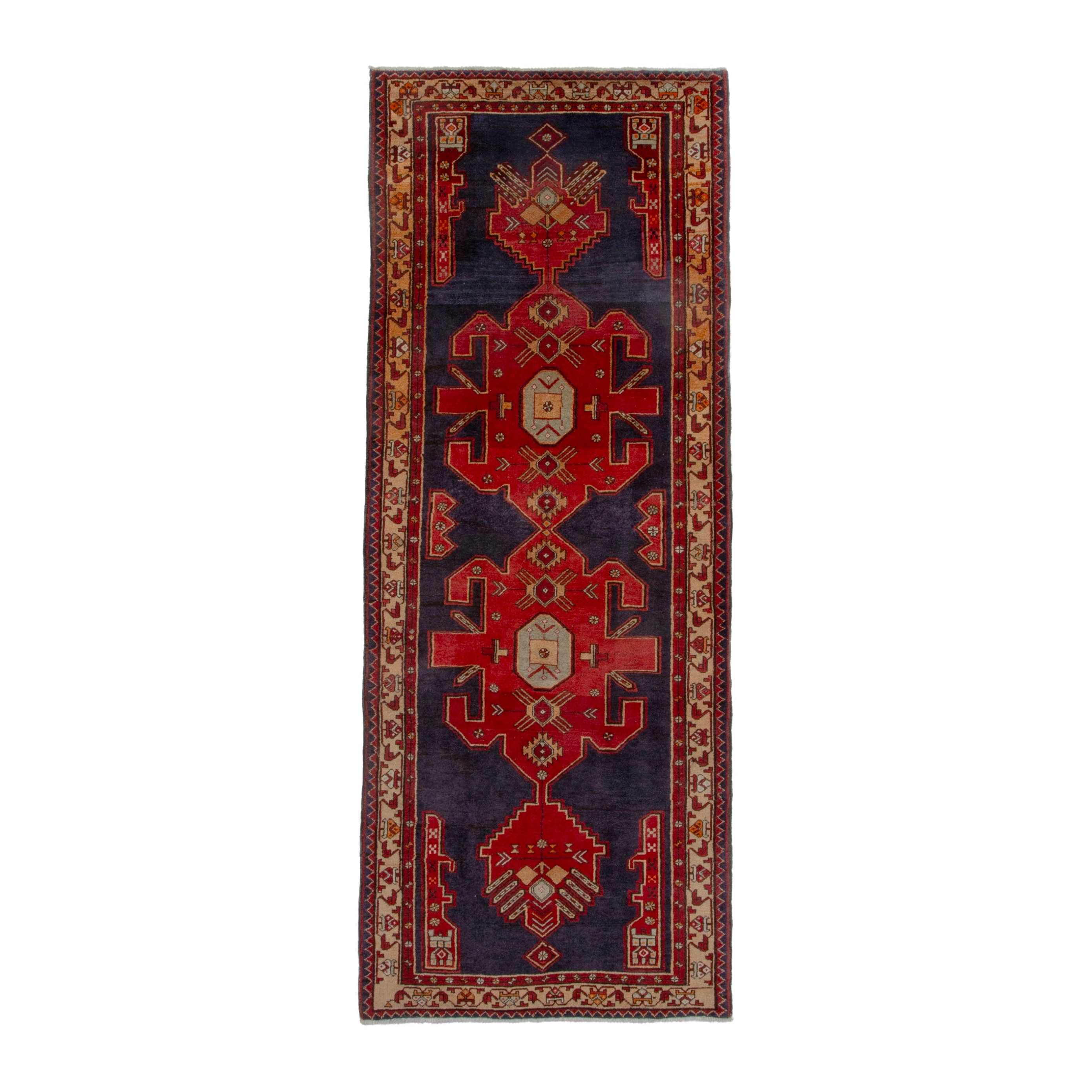 Persian Azerbaijan runner rug in navy and deep red, 3'8" x 9'11"
