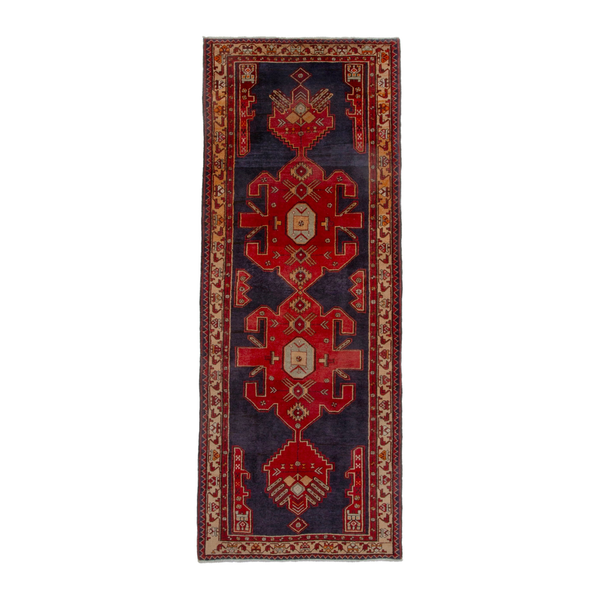 Persian Azerbaijan runner rug in navy and deep red, 3'8" x 9'11"