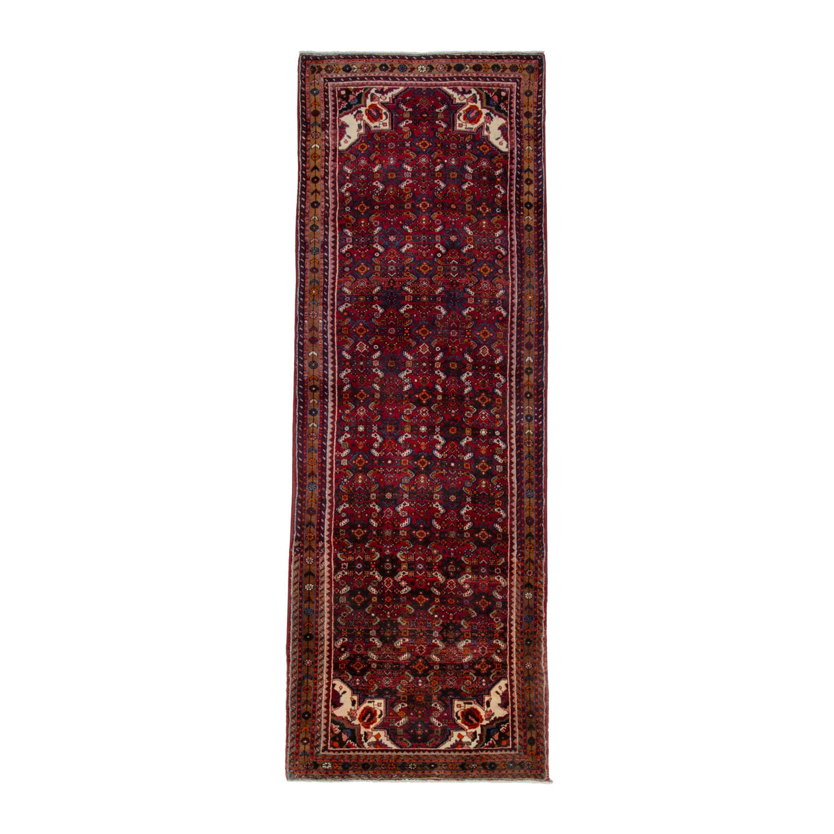 Persian Hosseinabad runner rug in burgundy and rust, 3'9" x 10'8"