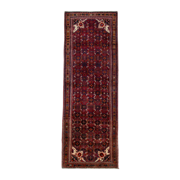 Persian Hossein Abad runner rug in burgundy and rust, 3'9" x 10'8"