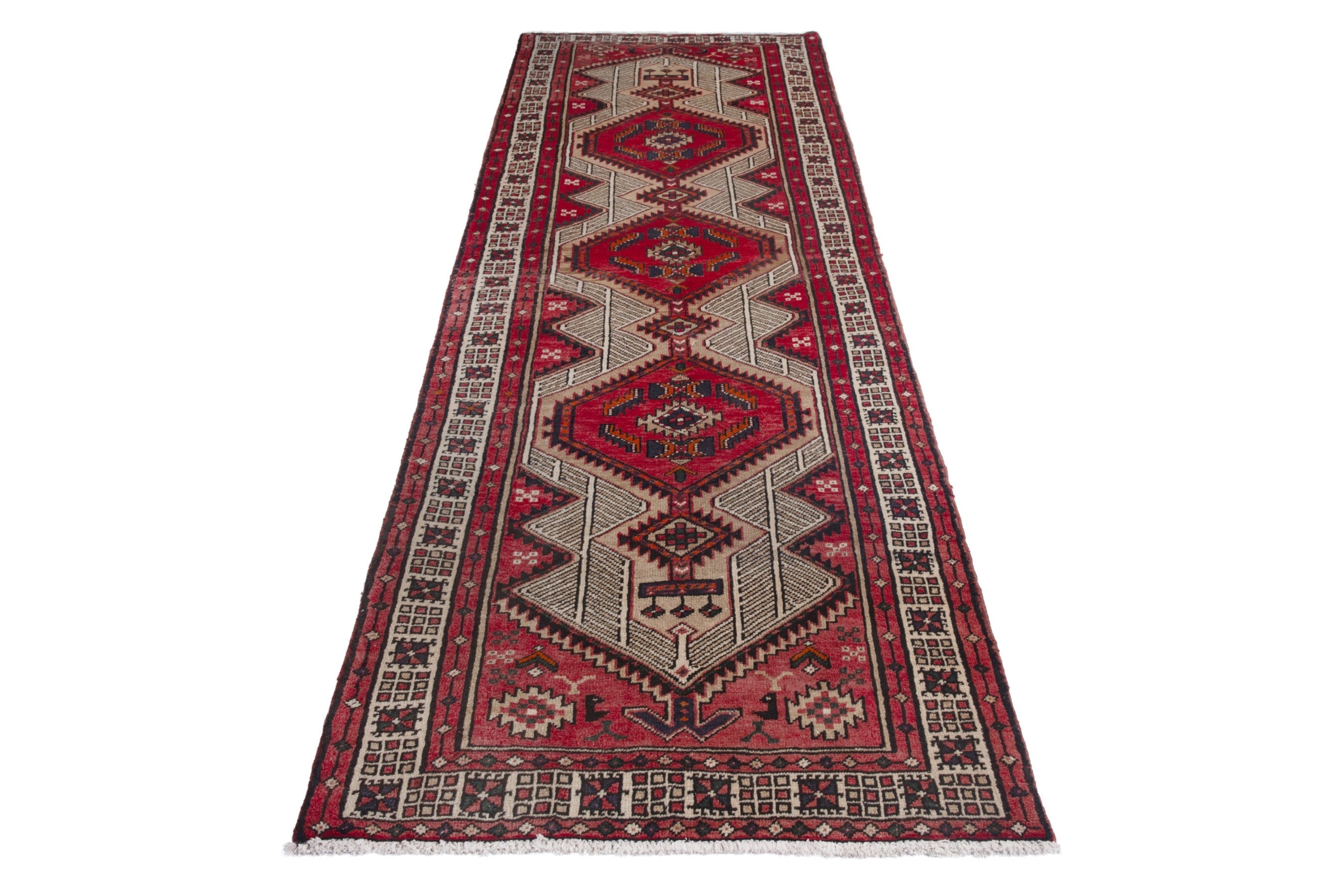 Persian Ardabil runner rug in cream and deep red, view 2 of 17