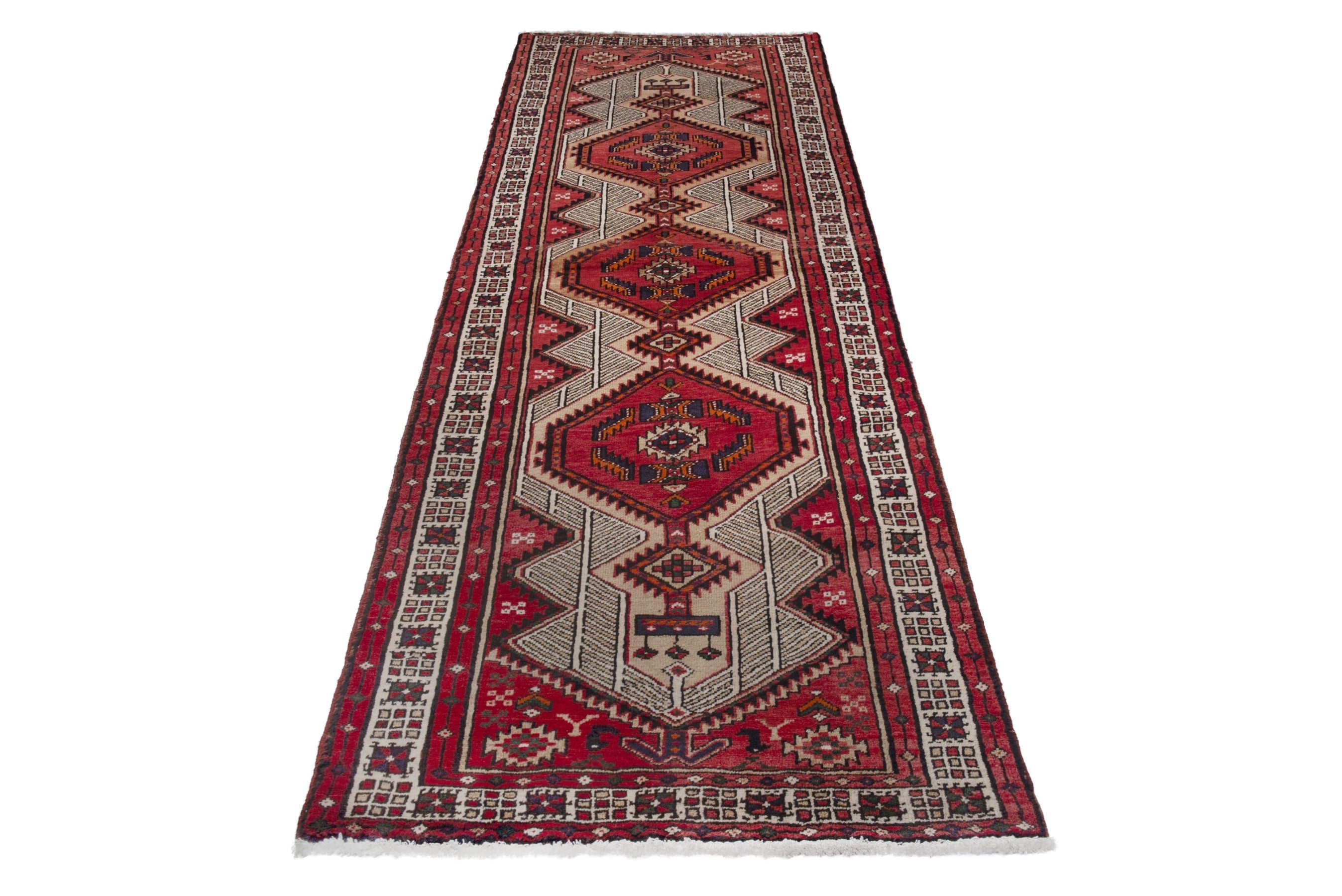 Persian Ardabil runner rug in cream and deep red, view 3 of 17