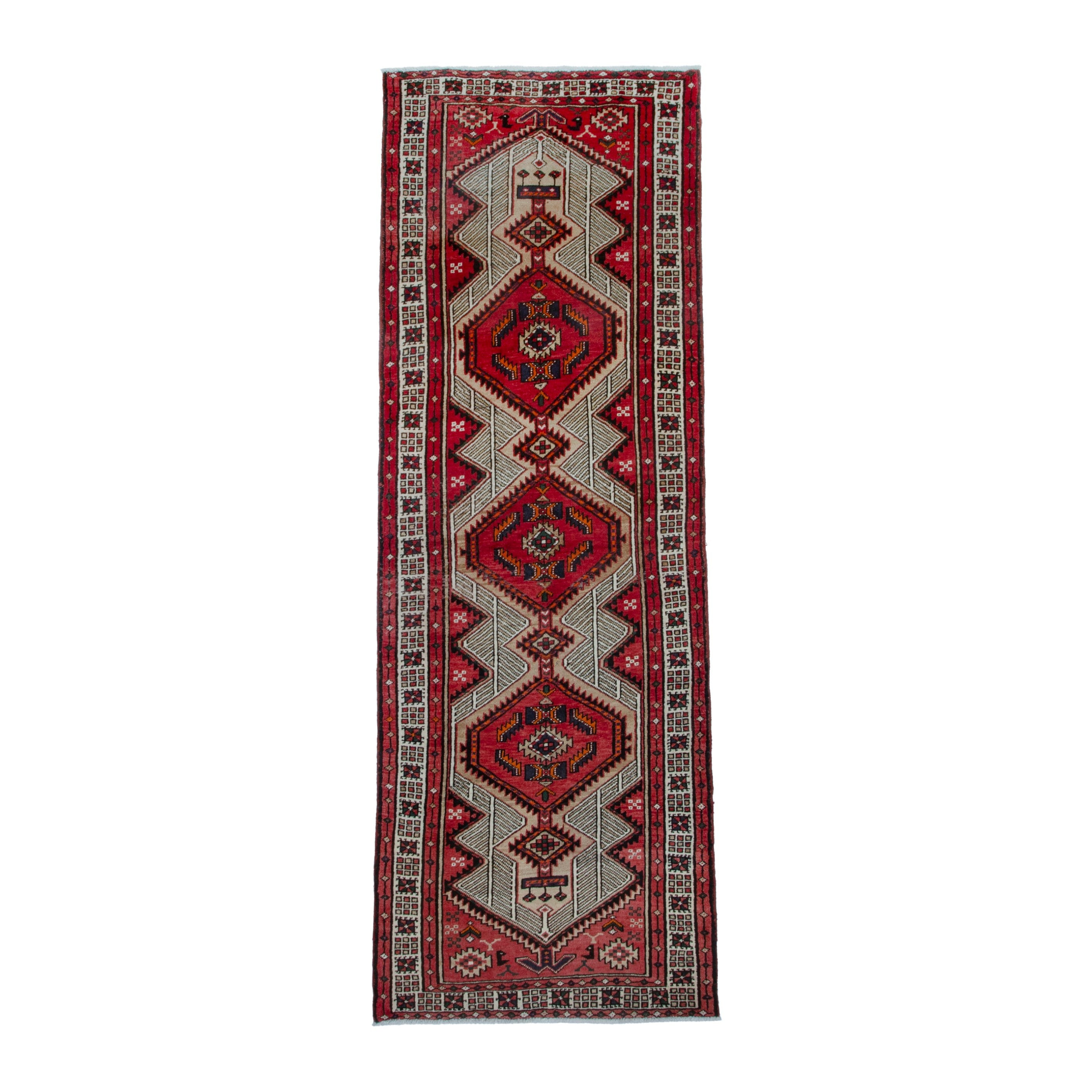 Persian Ardabil runner rug in cream and deep red, 3'5" x 10'4"