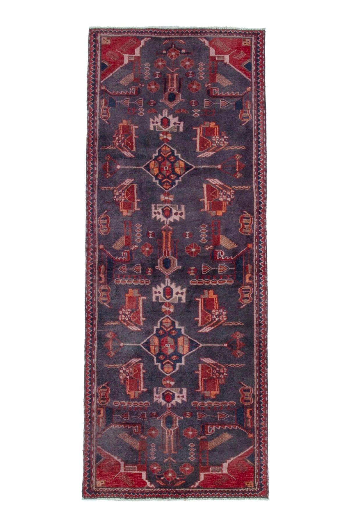 Turkish Anatolian runner rug in slate and deep red, view 2 of 18