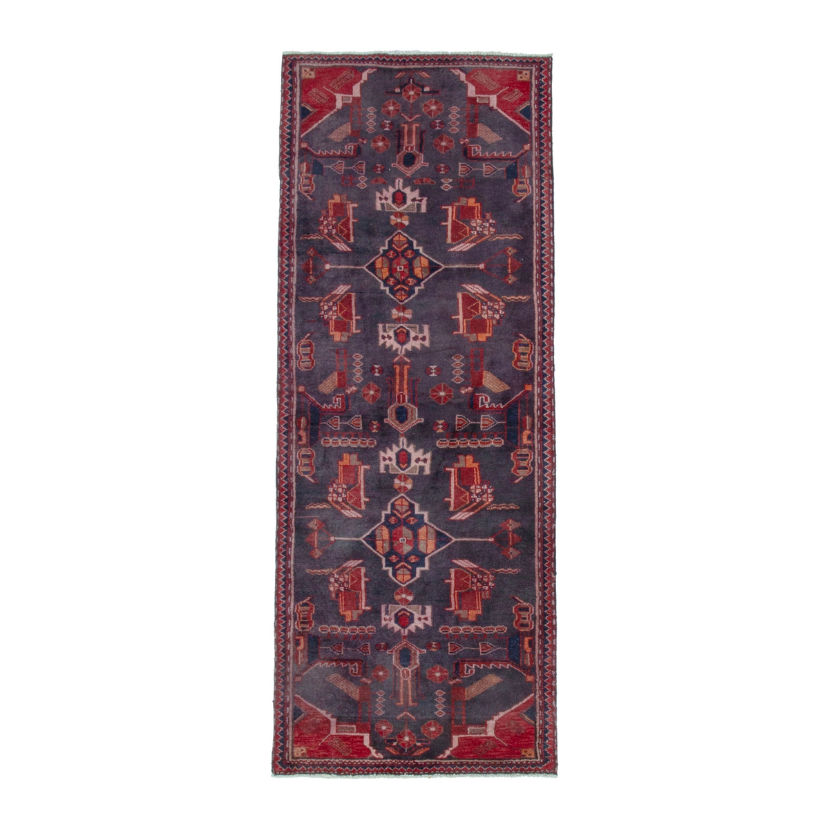 Turkish Anatolian runner rug in slate and deep red, 2'11" x 7'7"