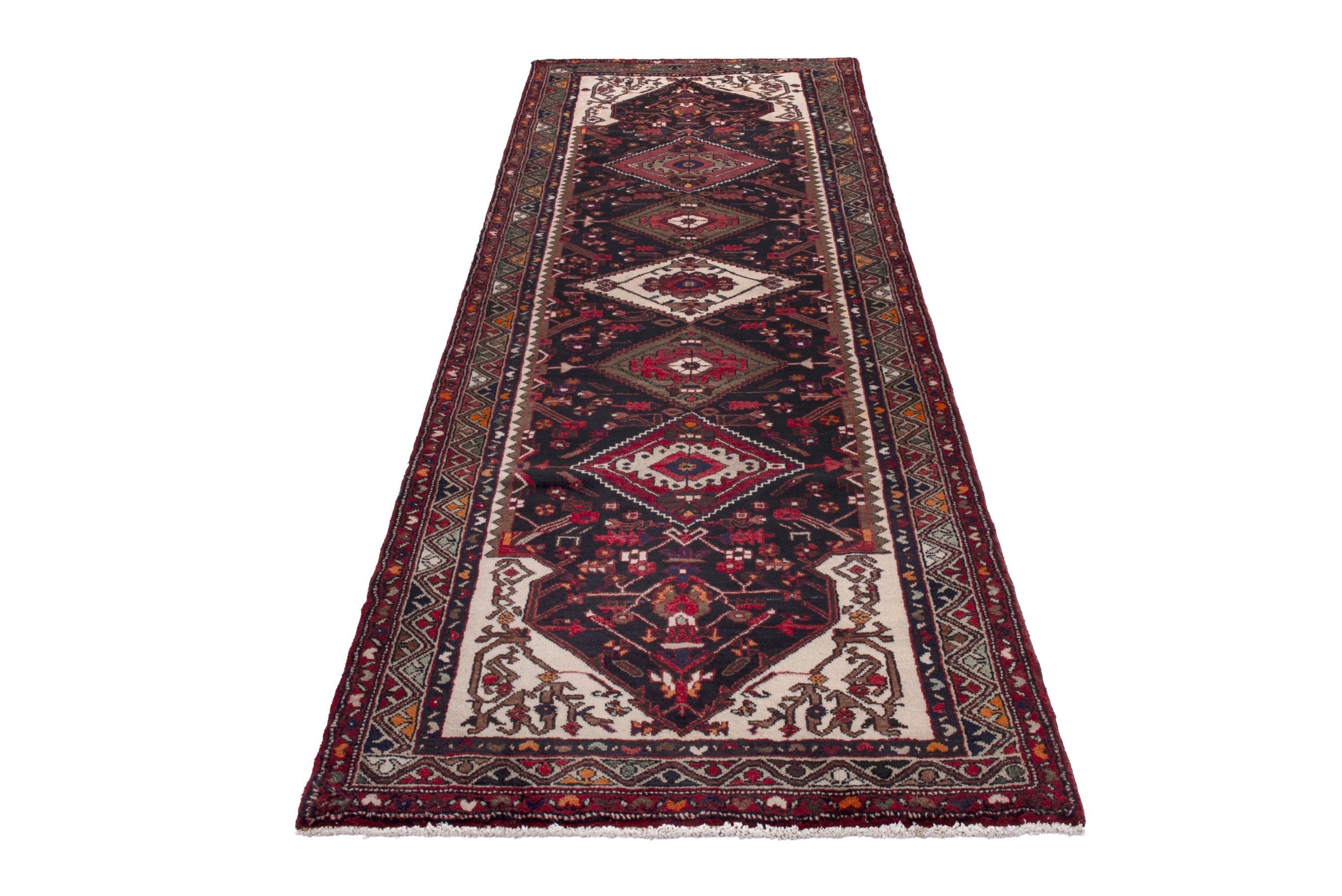 Persian Hamedan runner rug in burgundy and cream, view 3 of 18