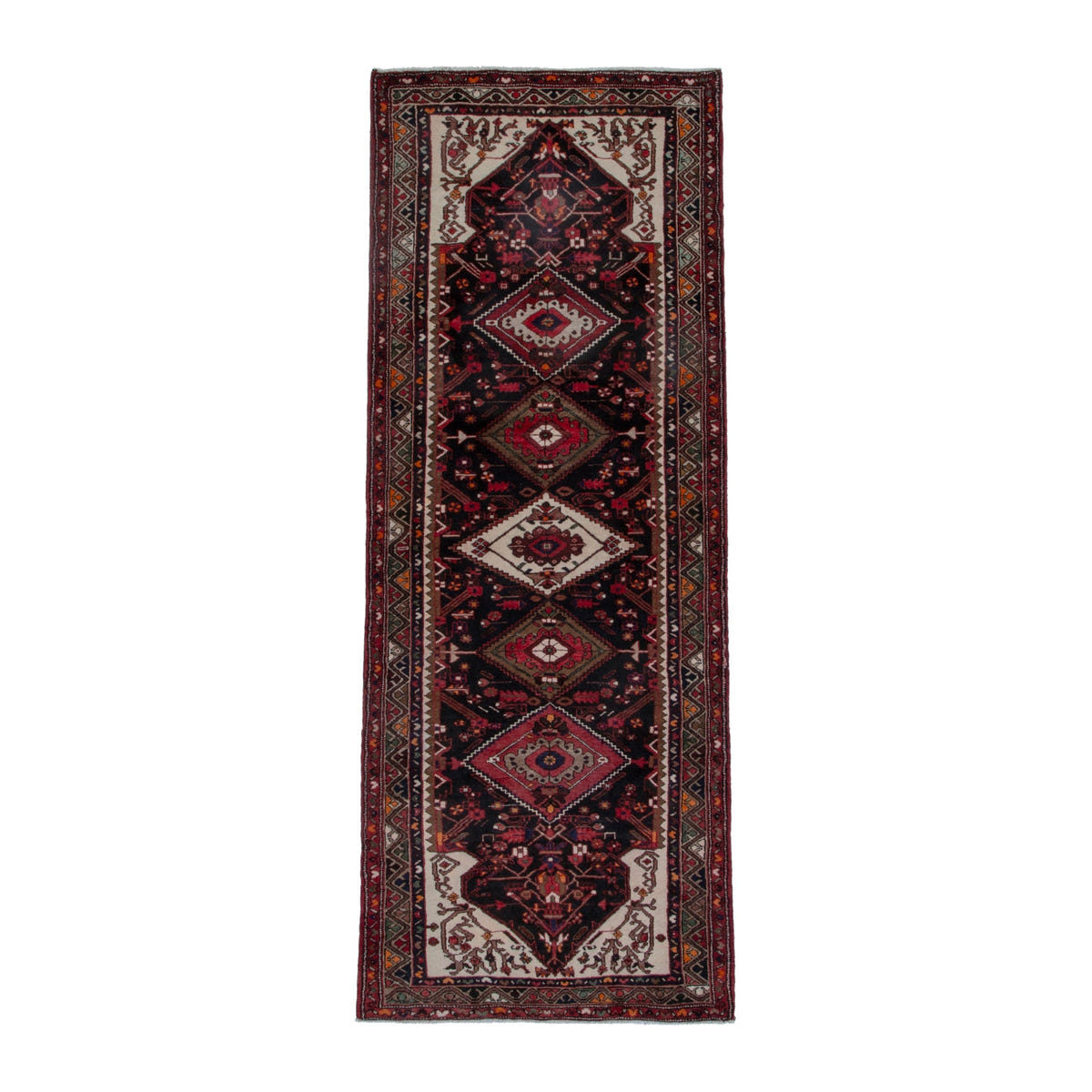 Persian Hamedan runner rug in burgundy and cream, 3'7" x 9'10"