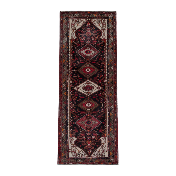 Persian Hamadan runner rug in burgundy and cream, 3'7" x 9'10"