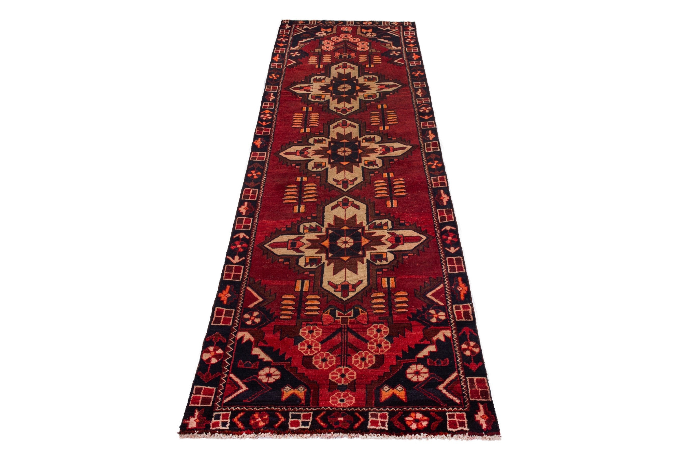 Persian Saveh runner rug in deep red and burgundy, view 3 of 17