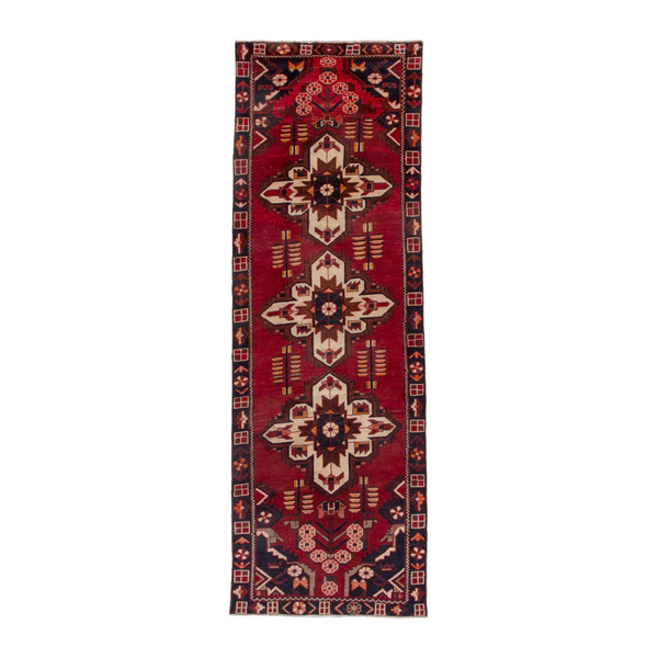 Persian Saveh runner rug in deep red and burgundy, 3'1" x 9'7"