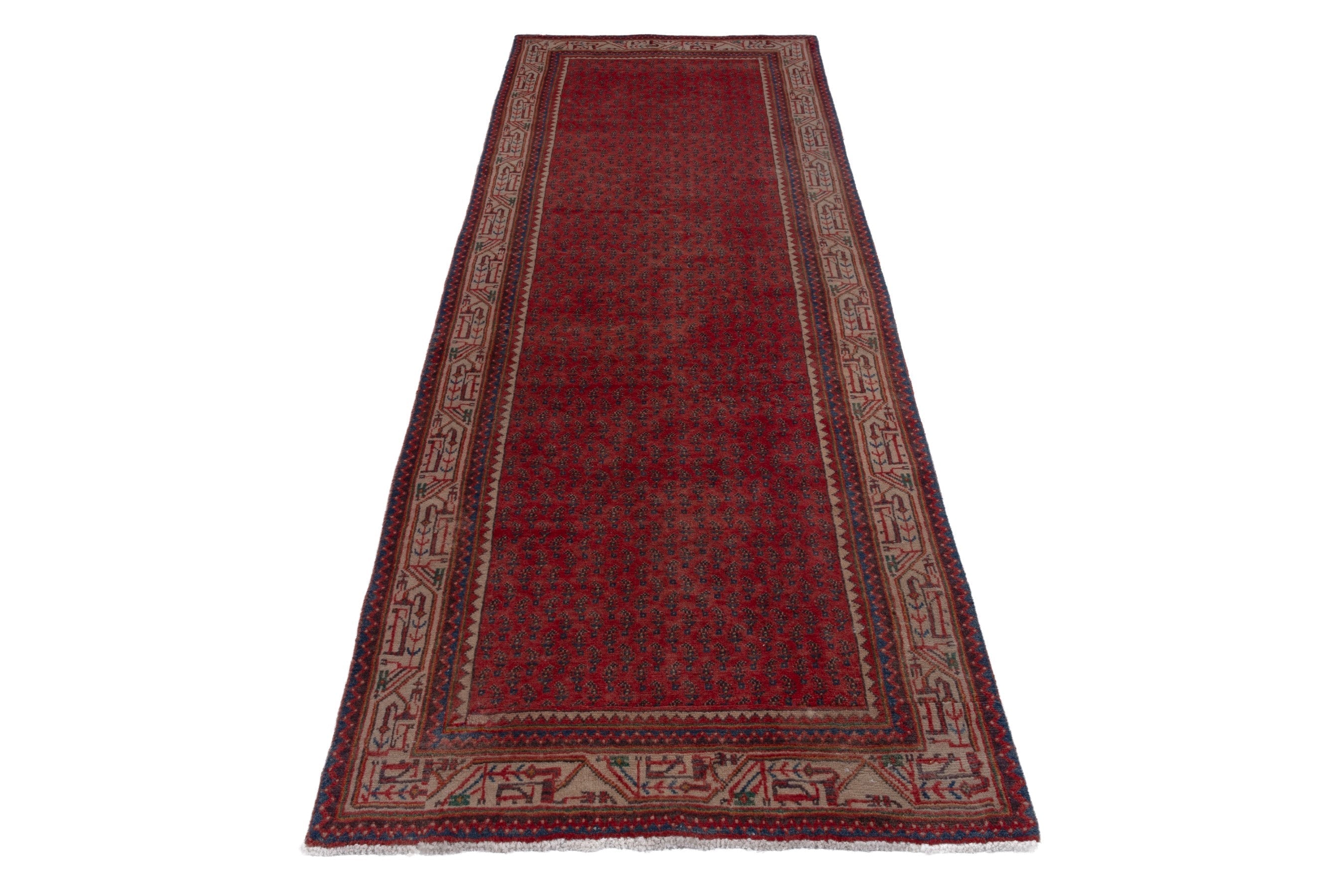 Persian Botteh runner rug in deep red and greige, view 2 of 17