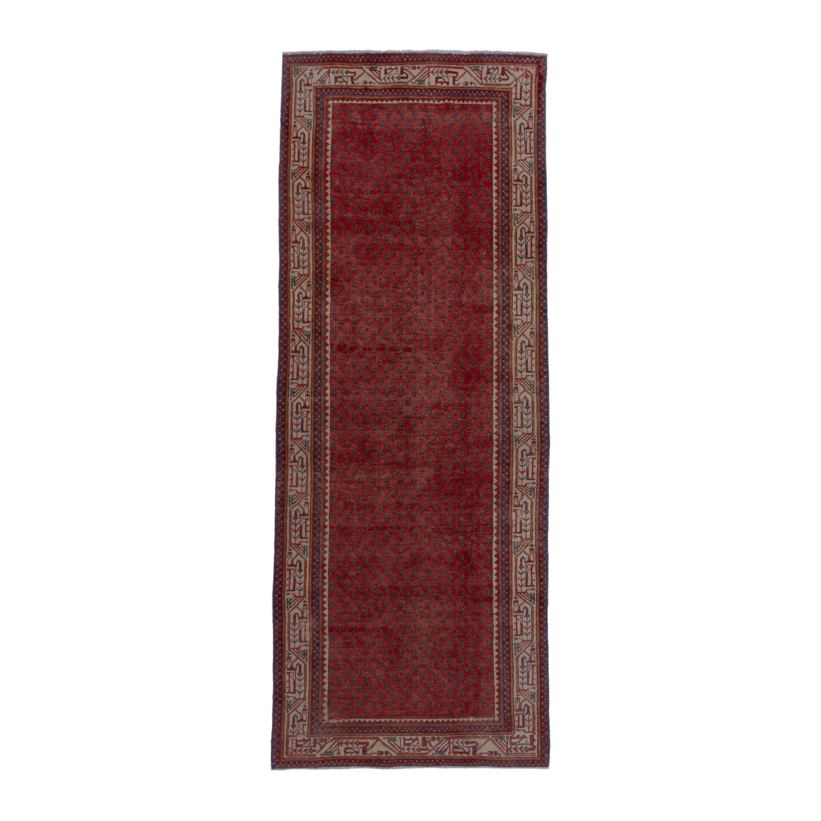 Persian Botteh runner rug in deep red and greige, 3'5" x 9'5"