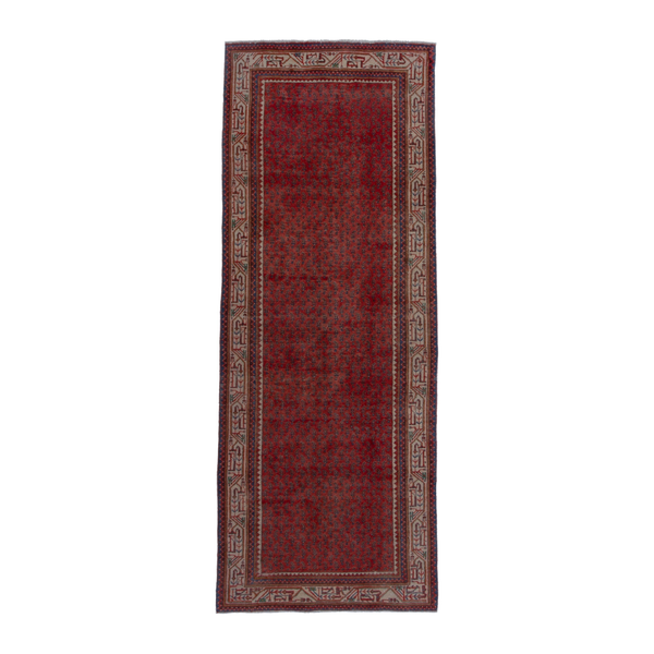 Persian Botteh runner rug in deep red and greige, 3'5" x 9'5"