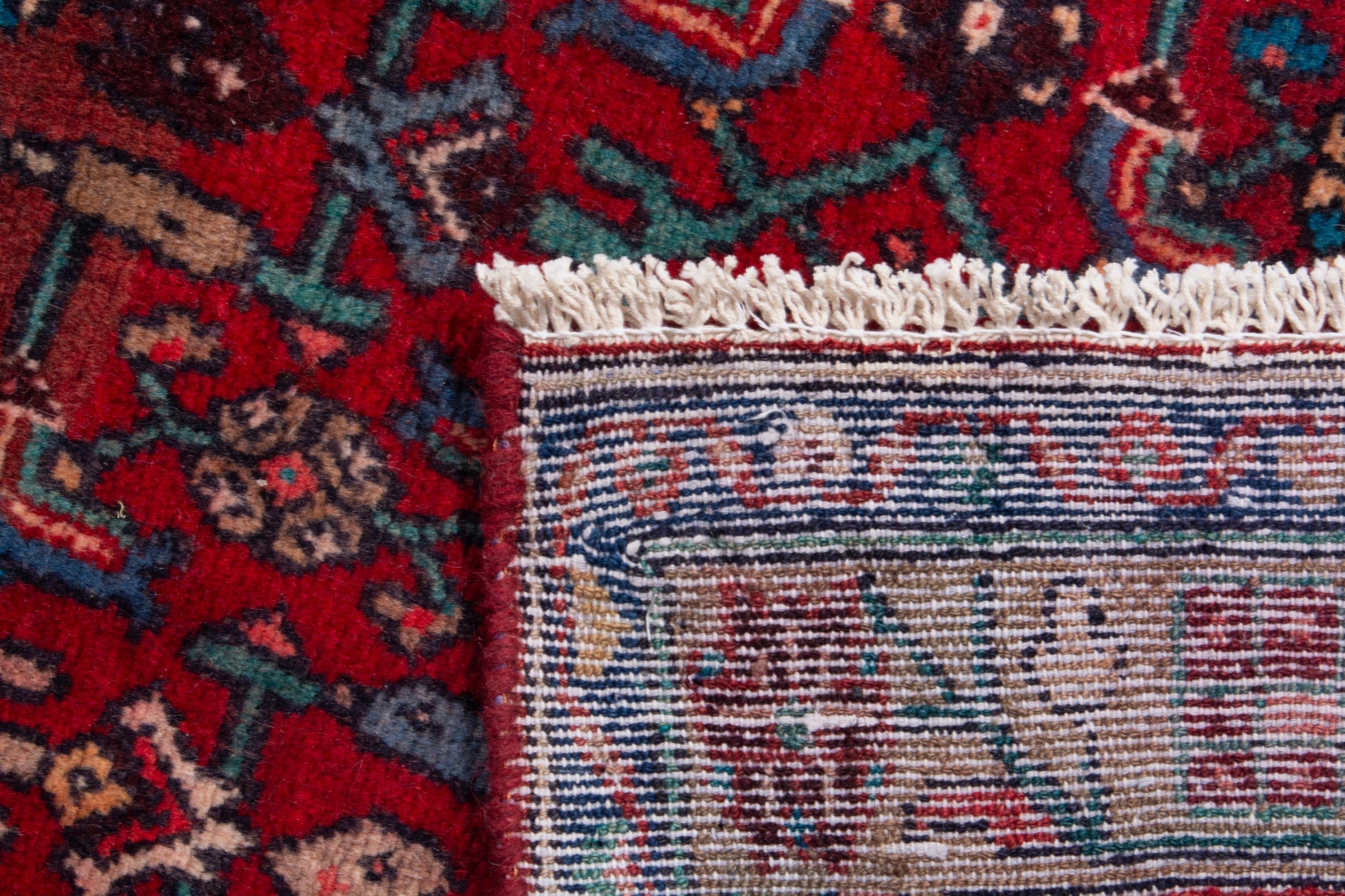 Persian Hamedan runner rug in deep red and navy, view 17 of 17