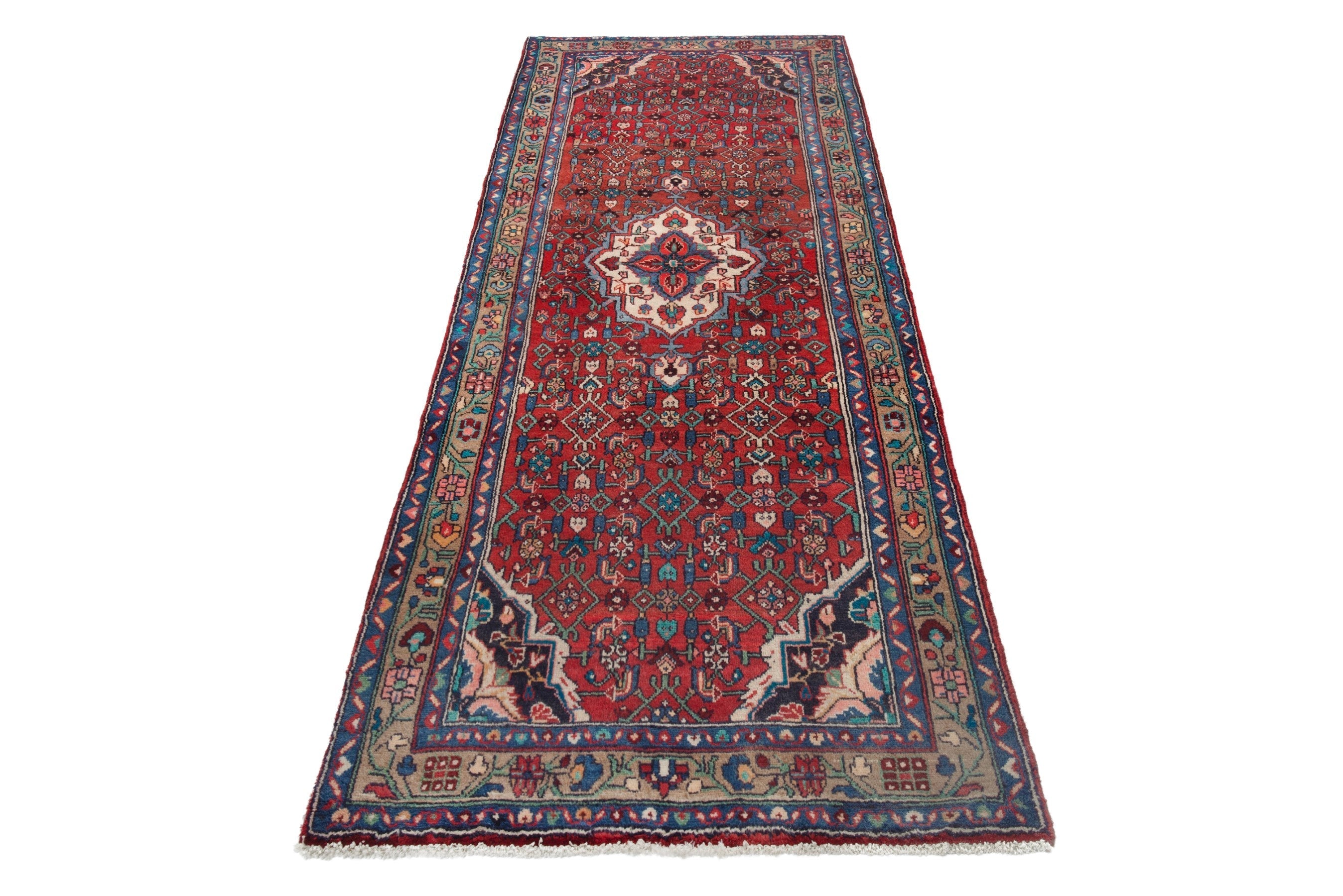 Persian Hamedan runner rug in deep red and navy, view 2 of 17