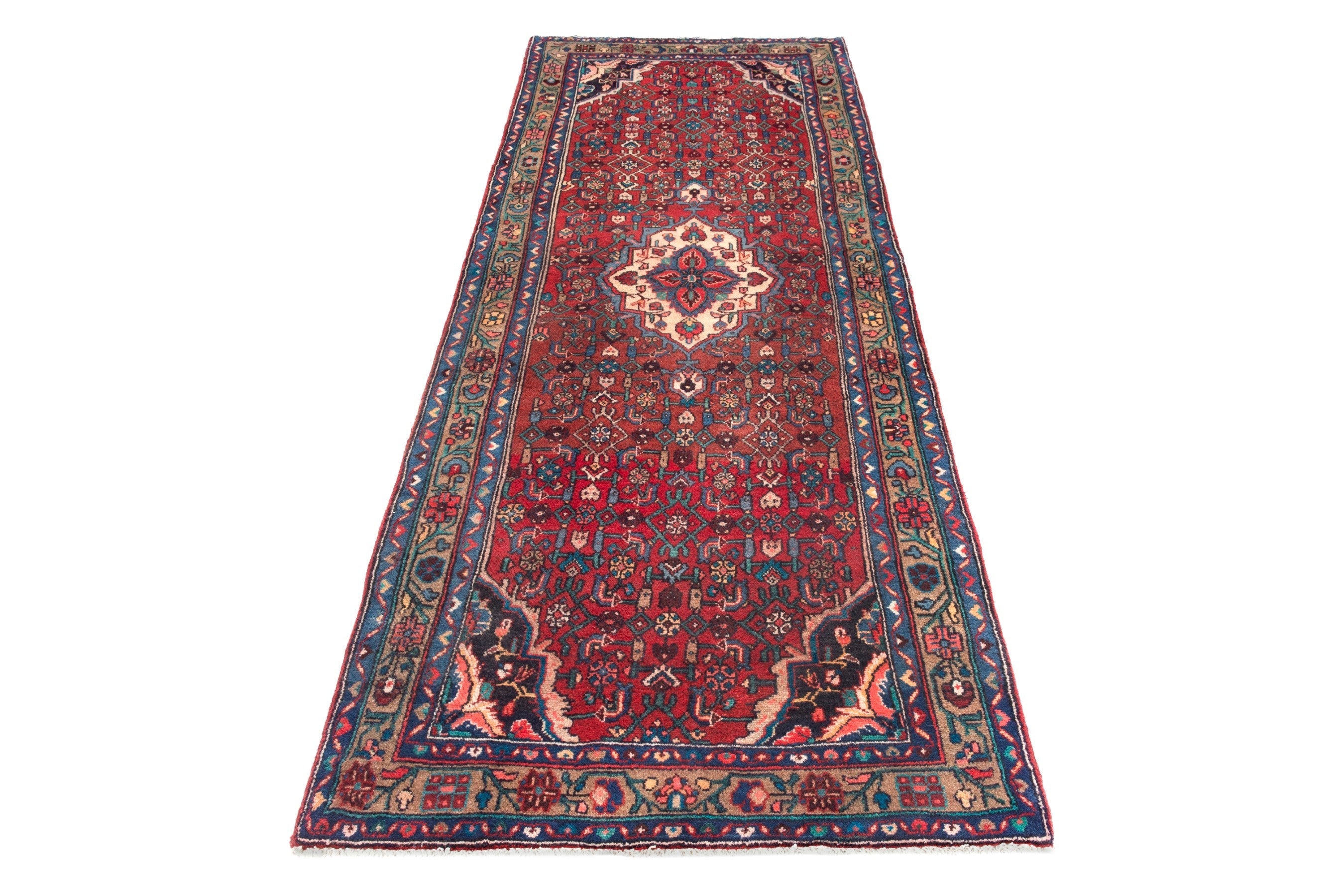 Persian Hamedan runner rug in deep red and navy, view 3 of 17