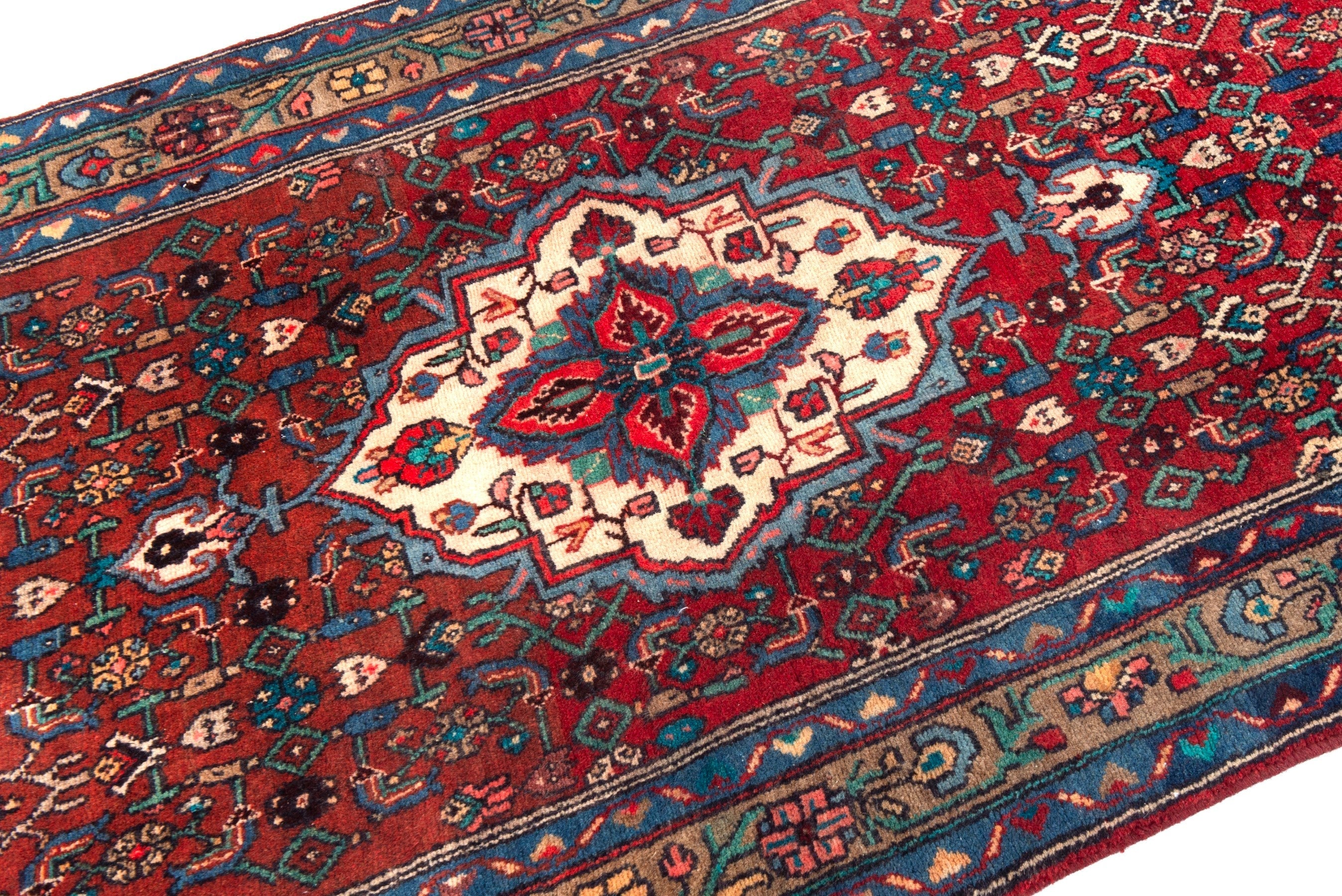 Persian Hamedan runner rug in deep red and navy, view 6 of 17