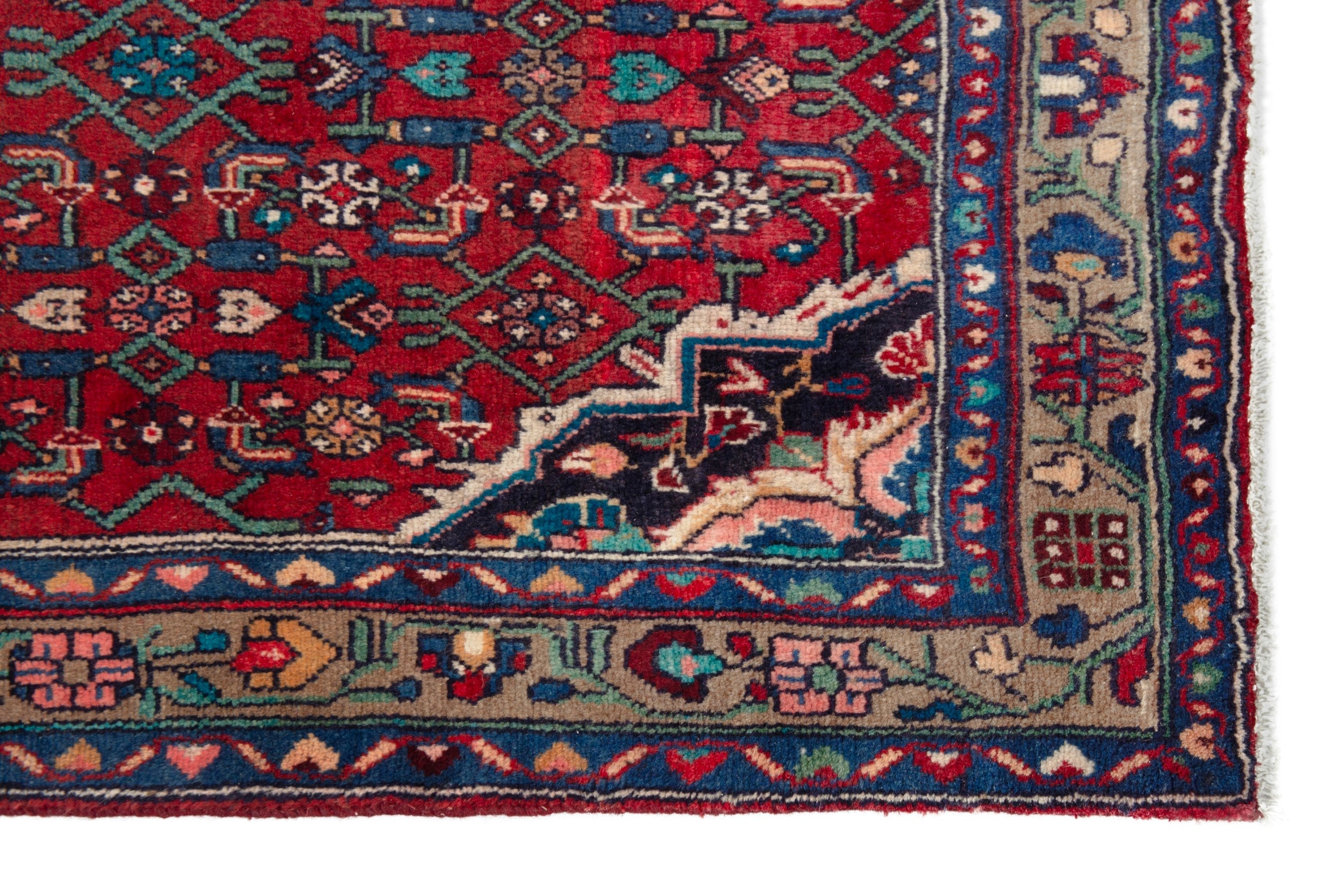 Persian Hamedan runner rug in deep red and navy, view 5 of 17