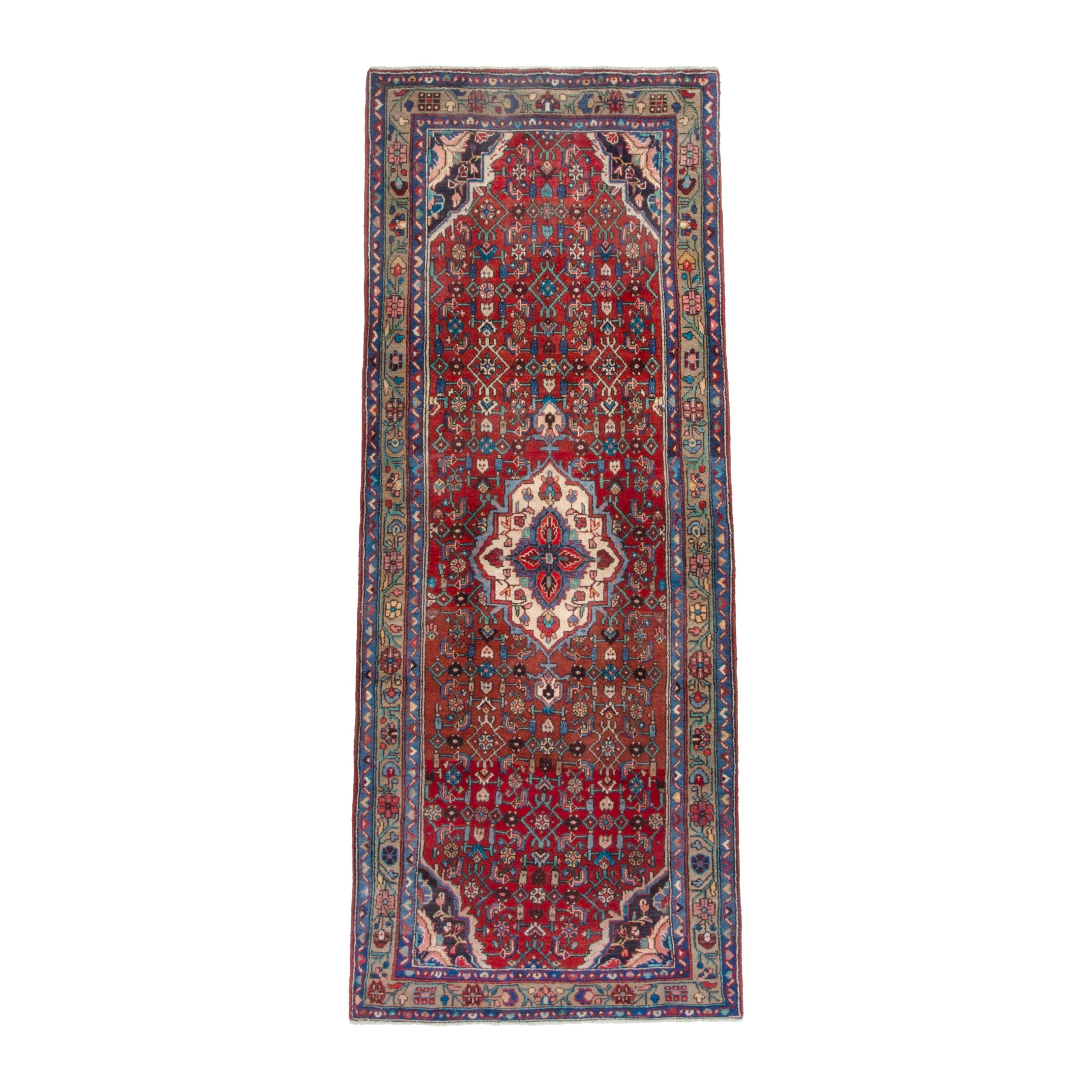Persian Hamedan runner rug in deep red and navy, 3'6" x 9'6"