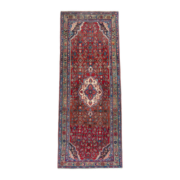 Persian Hamedan runner rug in deep red and navy, 3'6" x 9'6"