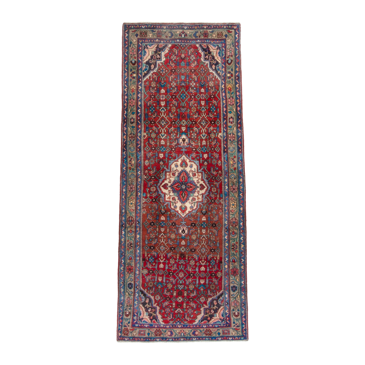 Persian Hamedan runner rug in deep red and navy, 3'6" x 9'6"