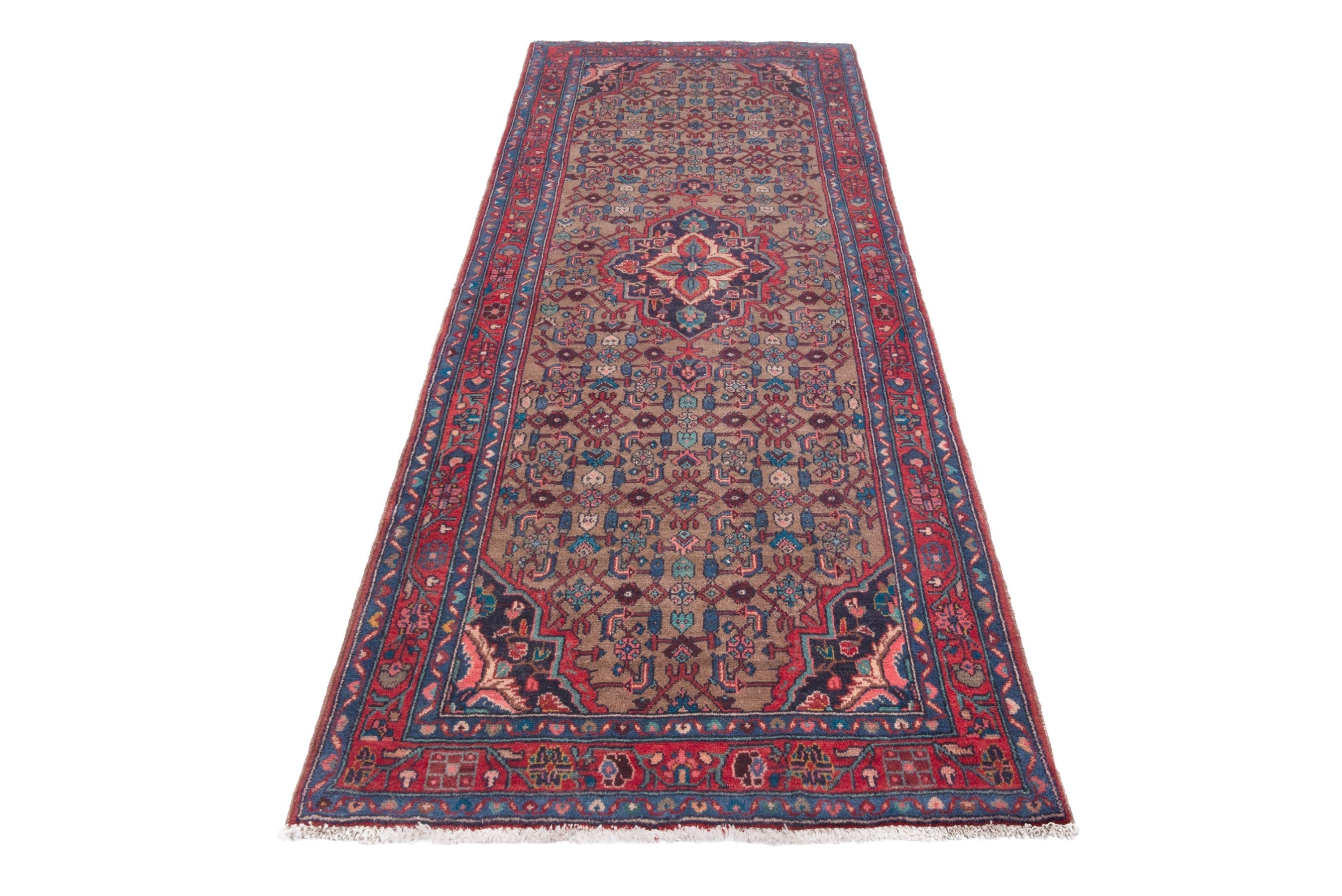 Persian Hamedan runner rug in taupe and faded red, view 2 of 18