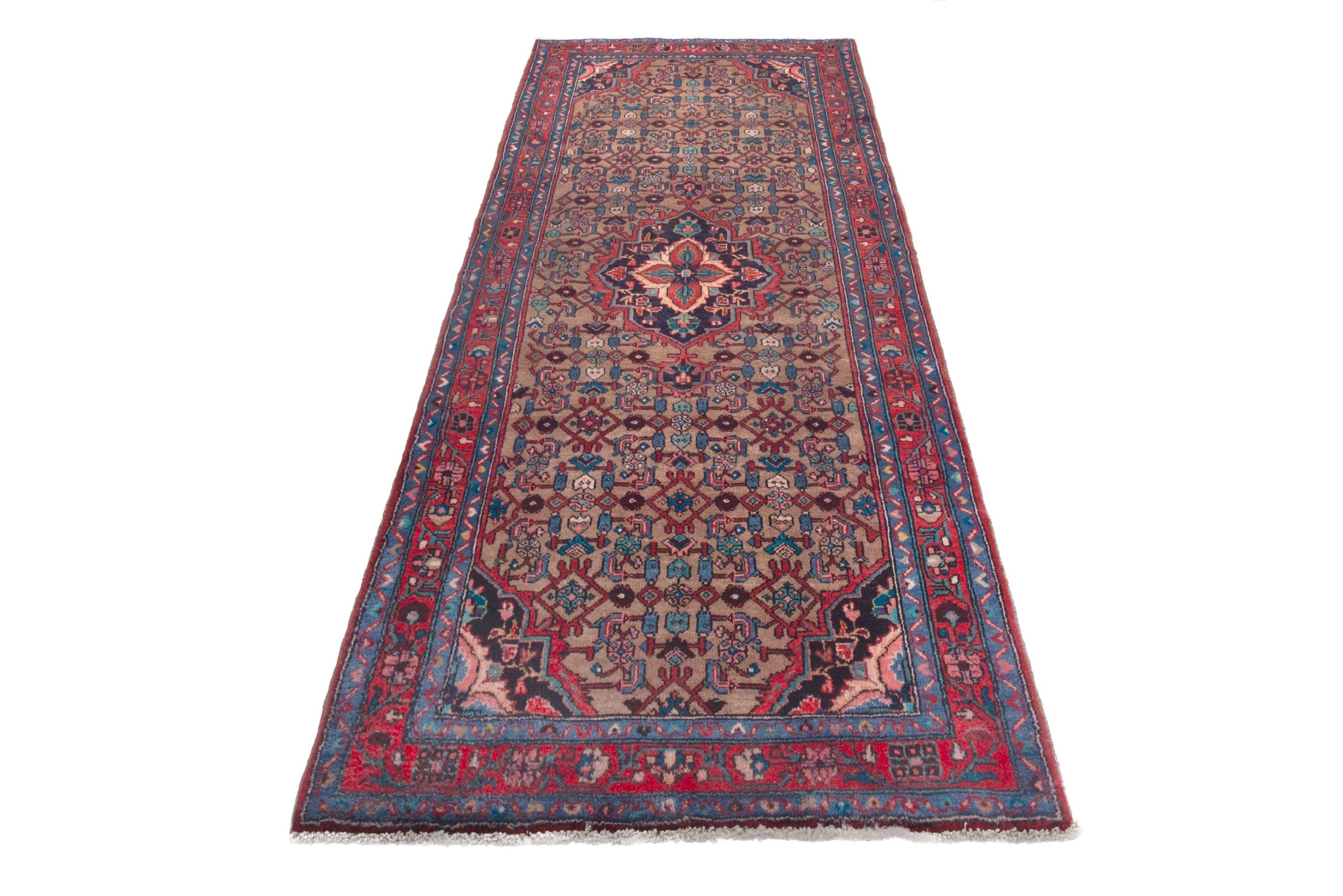 Persian Hamedan runner rug in taupe and faded red, view 3 of 18