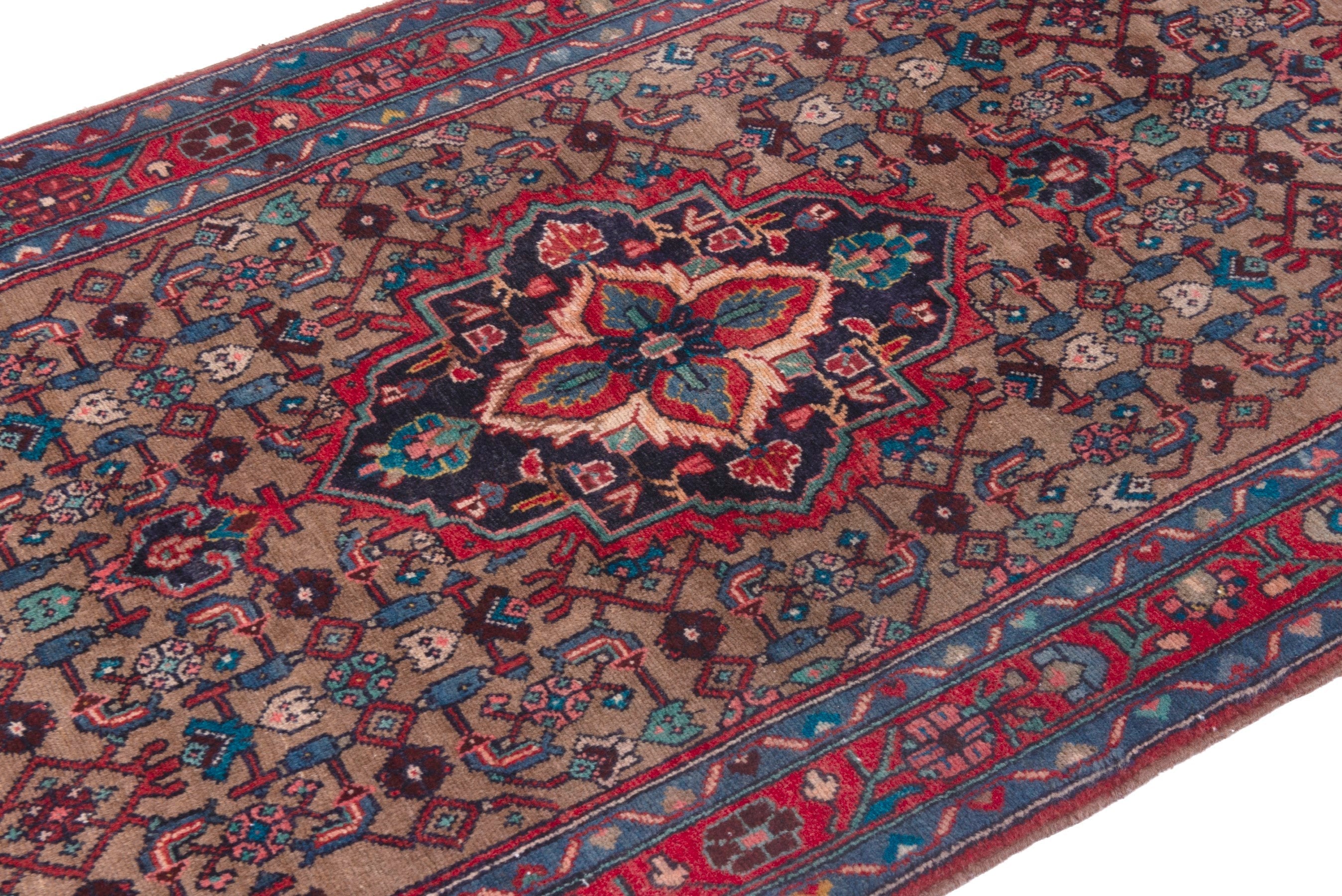 Persian Hamedan runner rug in taupe and faded red, view 6 of 18
