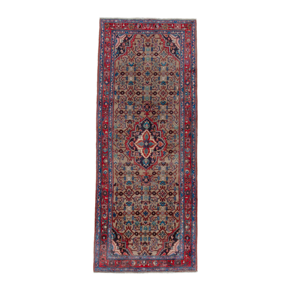 Persian Hamadan runner rug in taupe and faded red, 3'7" x 9'4"