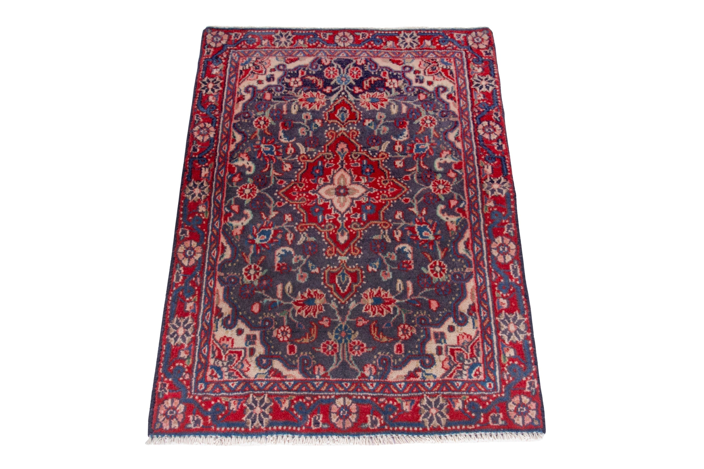 Persian Malayer accent rug in deep indigo and burgundy, view 3 of 7