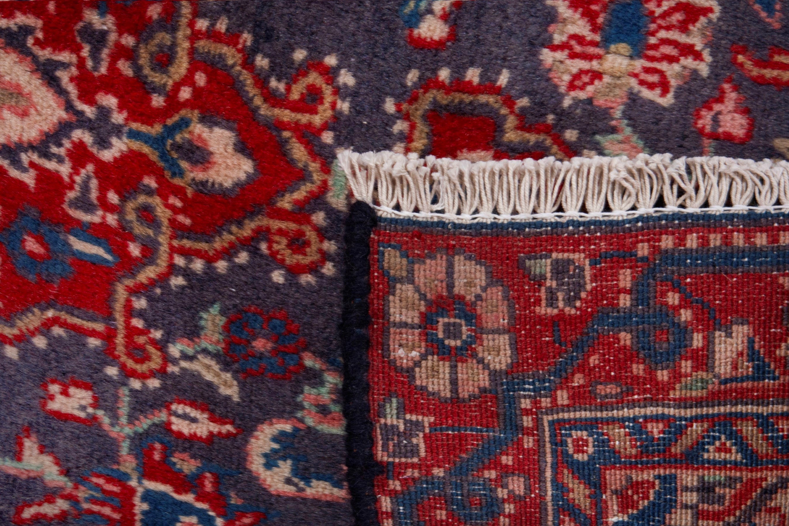 Persian Malayer accent rug in deep indigo and burgundy, view 7 of 7