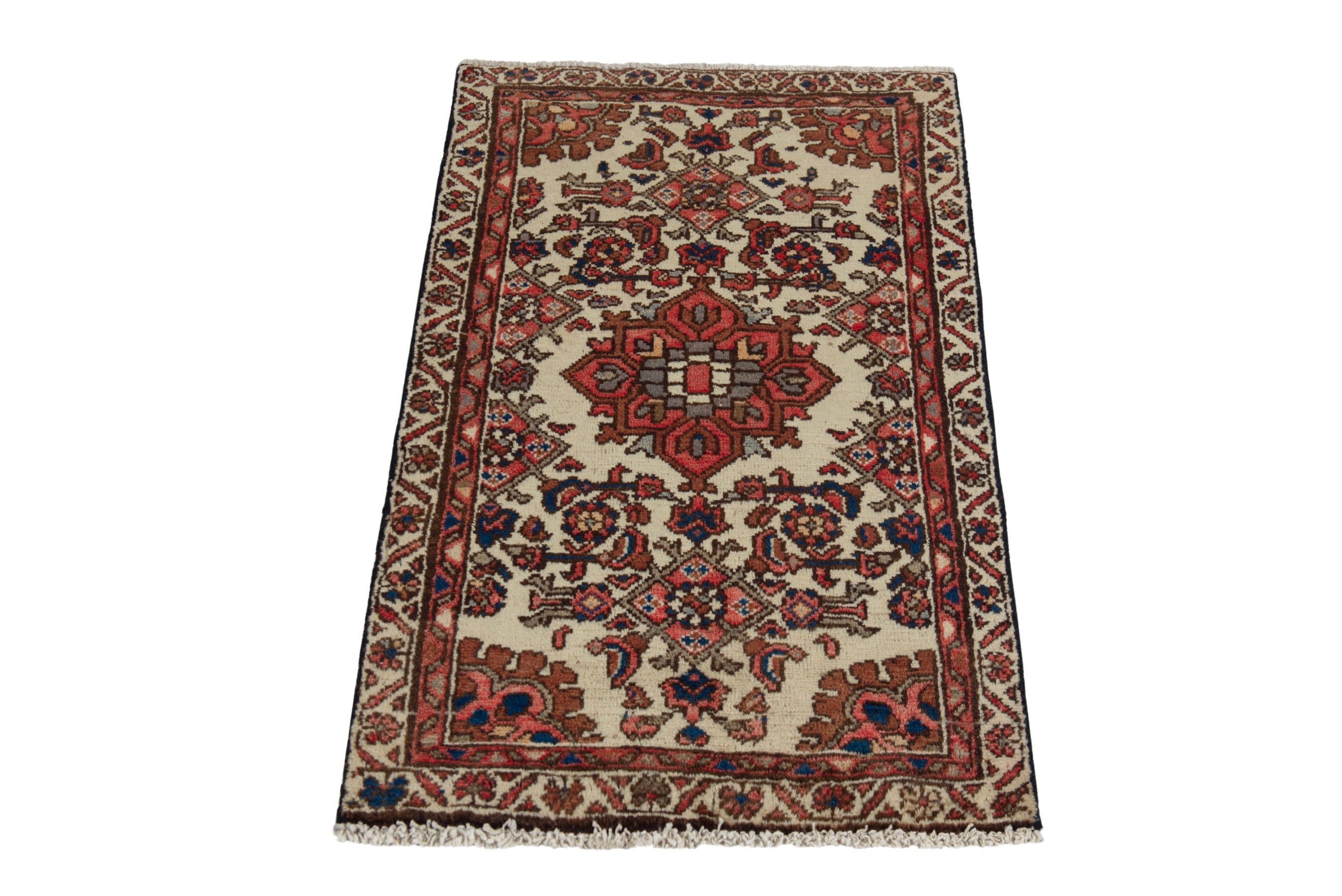Persian Hamedan accent rug in cream and brick, view 2 of 7