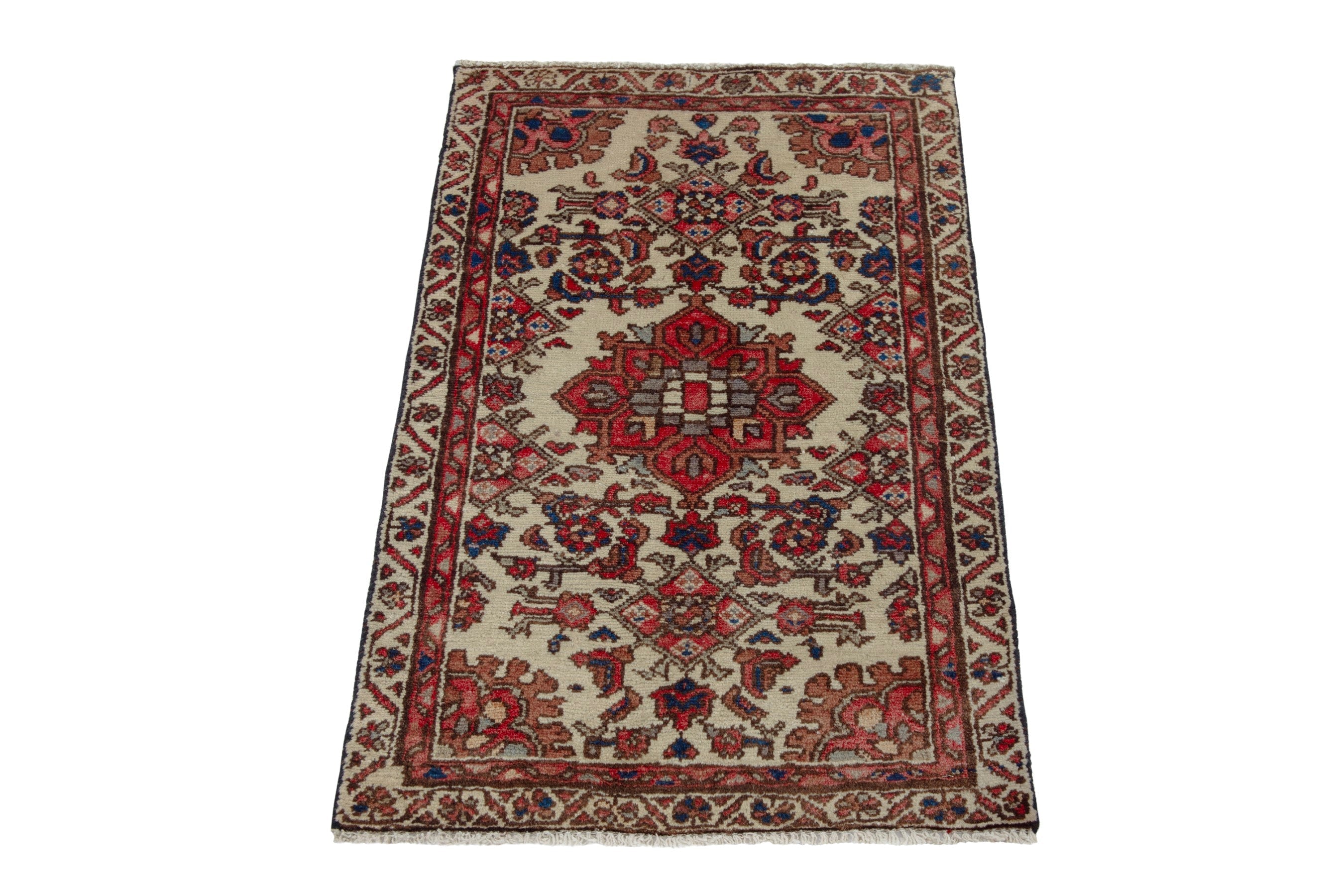 Persian Hamedan accent rug in cream and brick, view 3 of 7