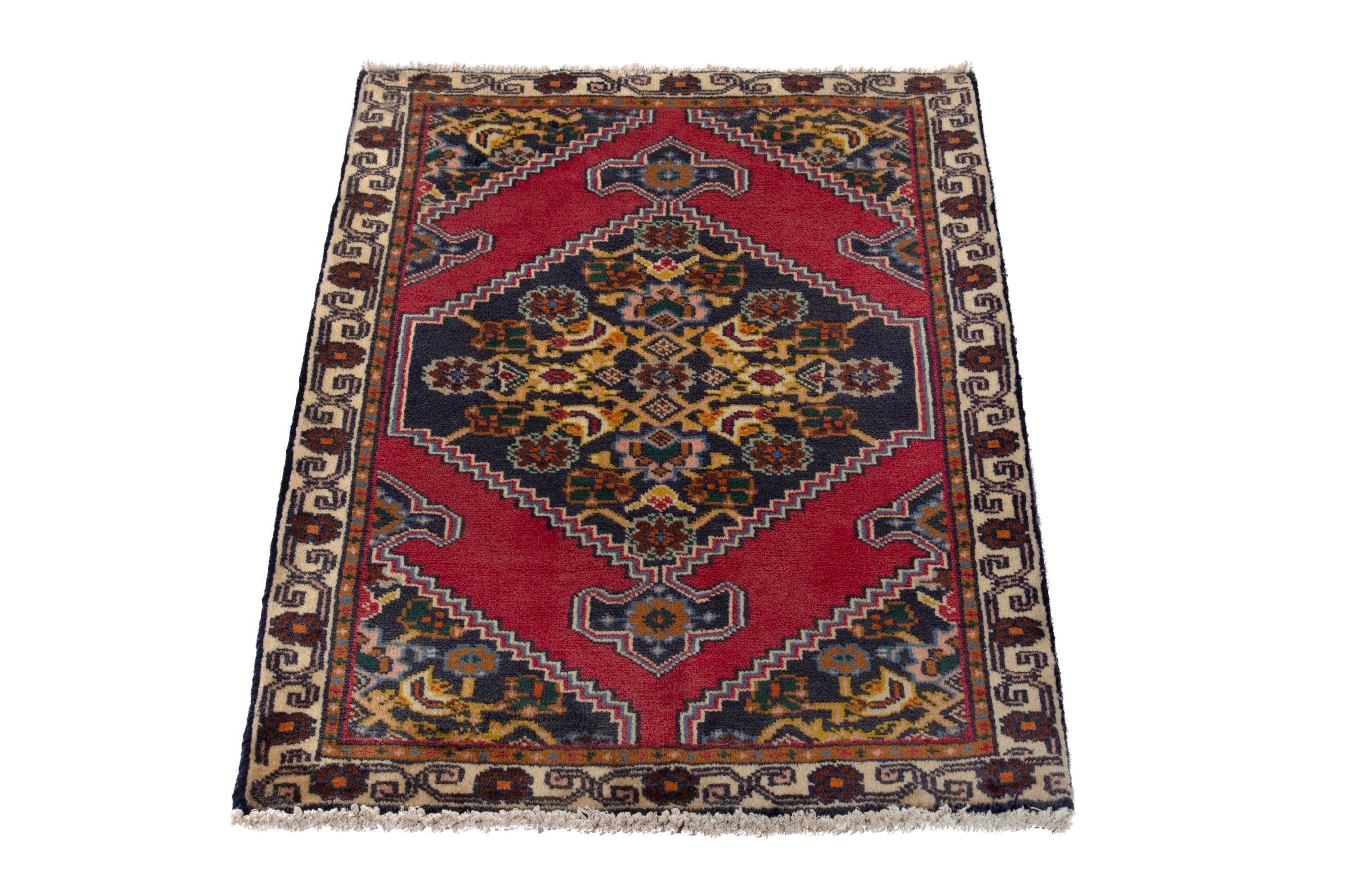 Persian Ghoochan accent rug in deep red and dark blue, view 2 of 7