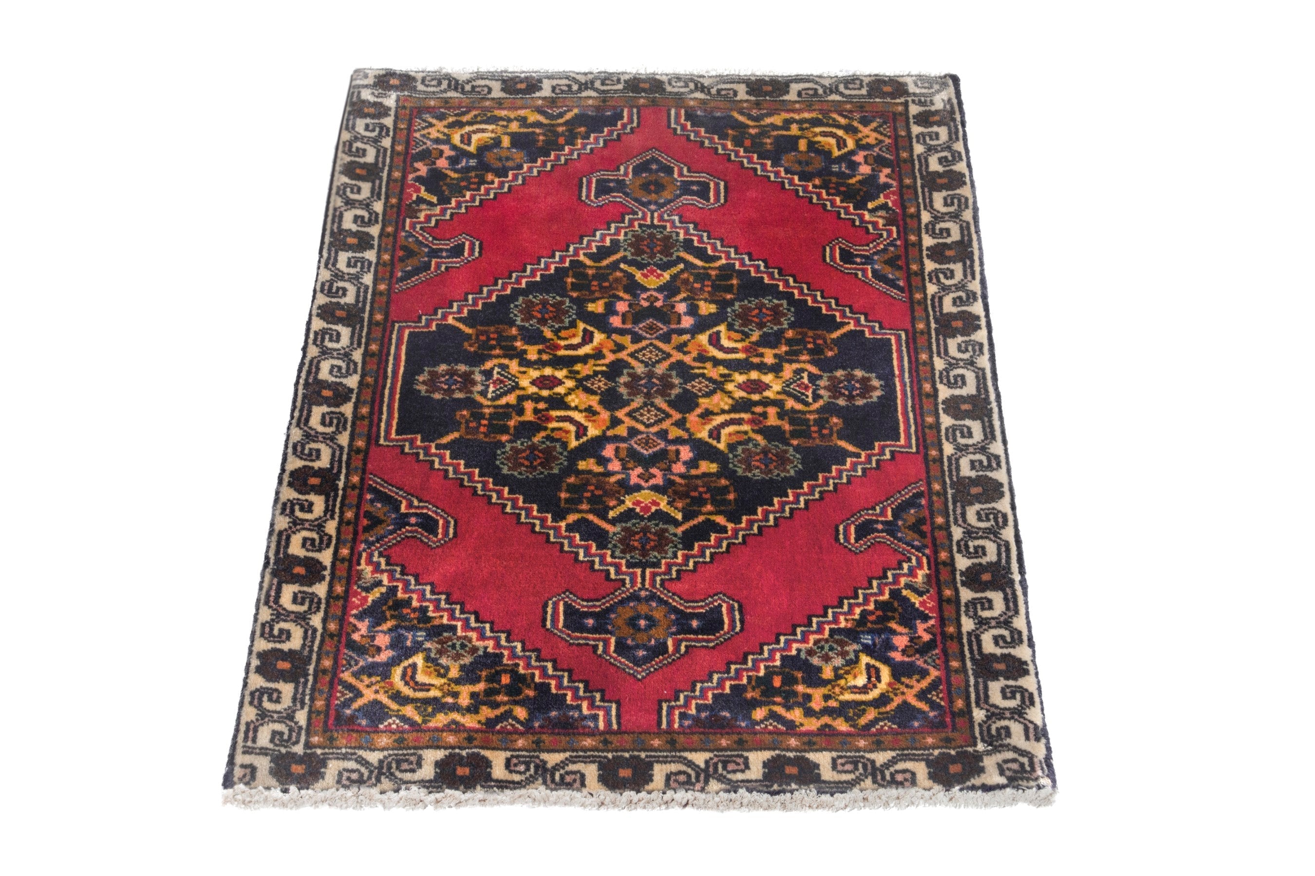 Persian Ghoochan accent rug in deep red and dark blue, view 3 of 7