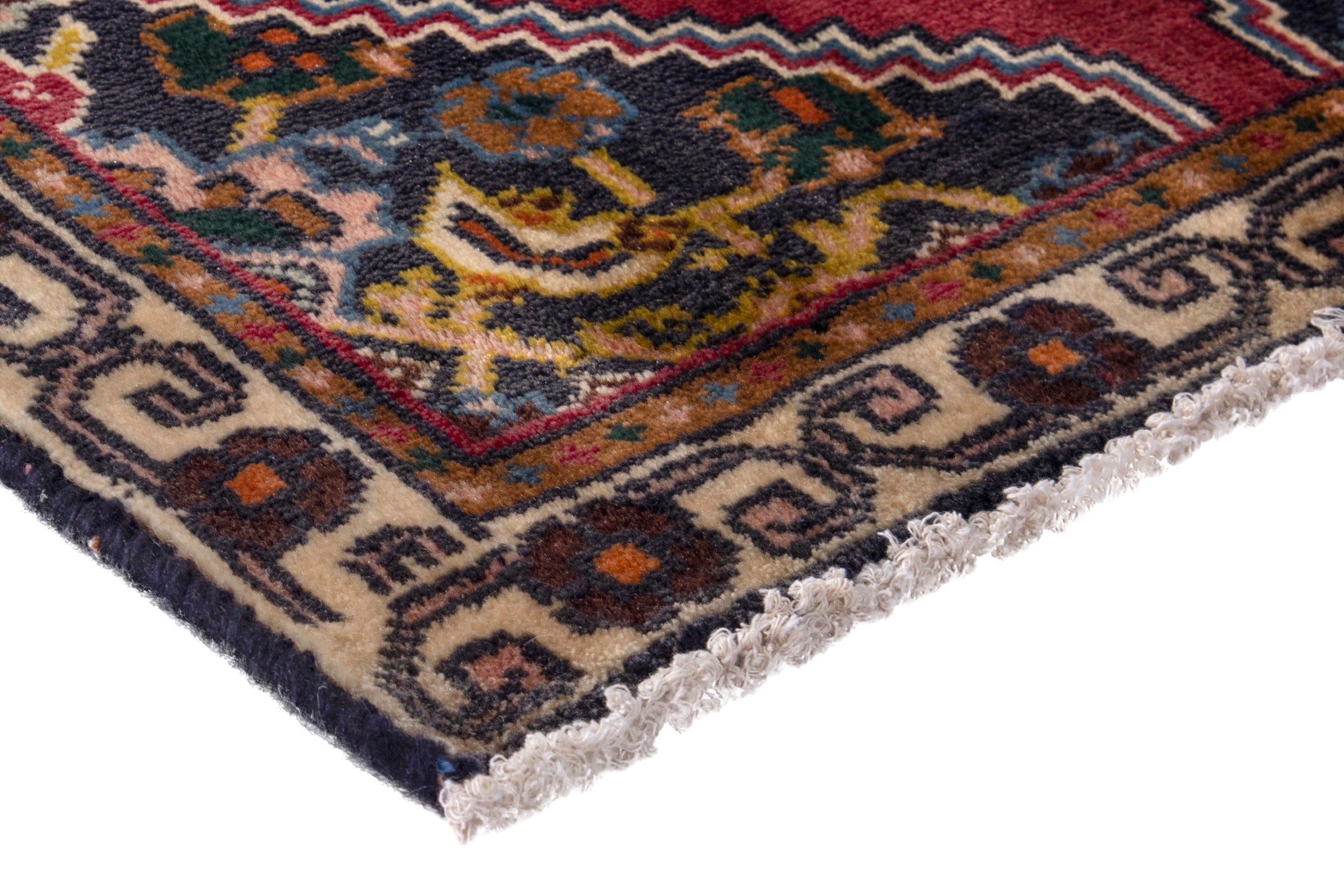 Persian Ghoochan accent rug in deep red and dark blue, view 4 of 7