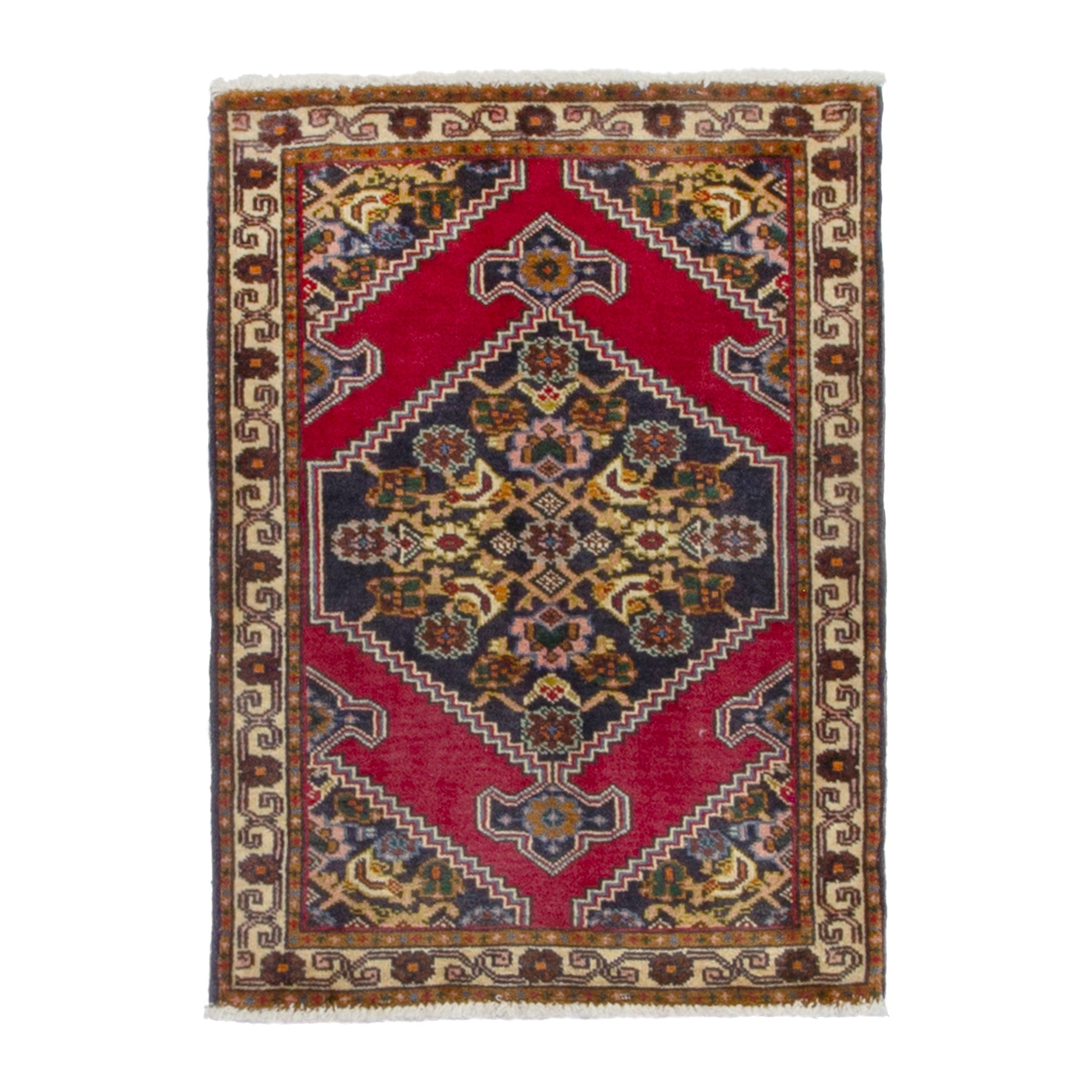 Persian Ghoochan accent rug in deep red and dark blue, 2'2" x 2'11"