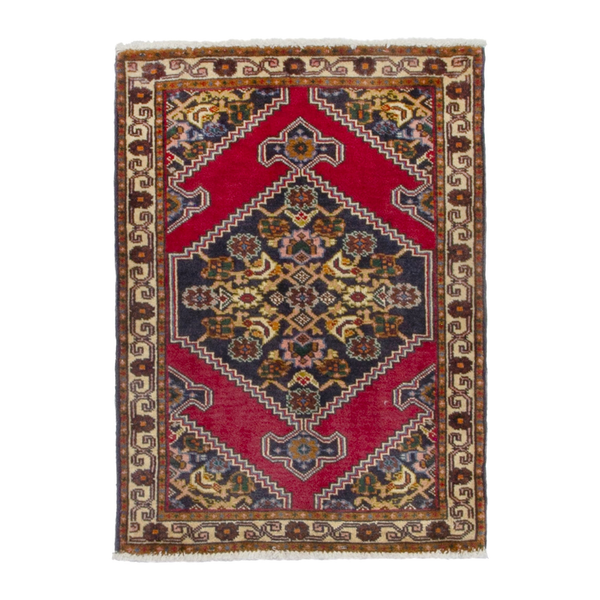 Persian Ghoochan accent rug in deep red and dark blue, 2'2" x 2'11"