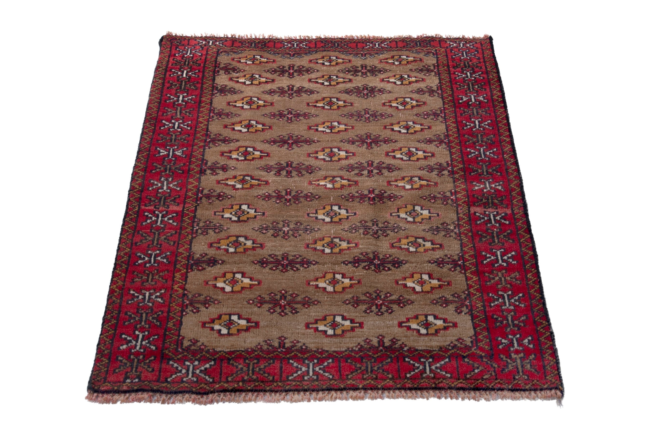 Persian Torkaman accent rug in tan and burgundy, view 2 of 7