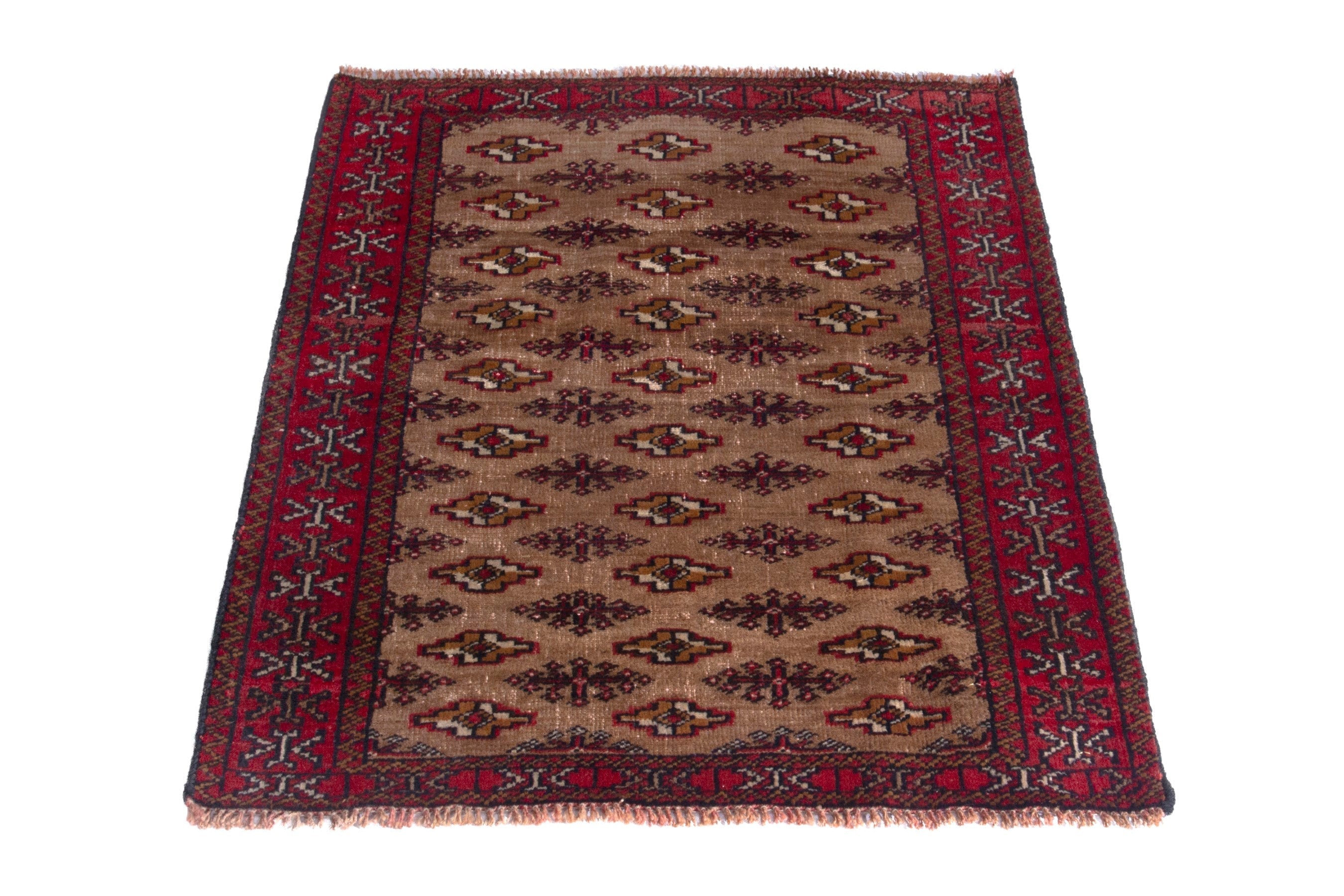 Persian Torkaman accent rug in tan and burgundy, view 3 of 7