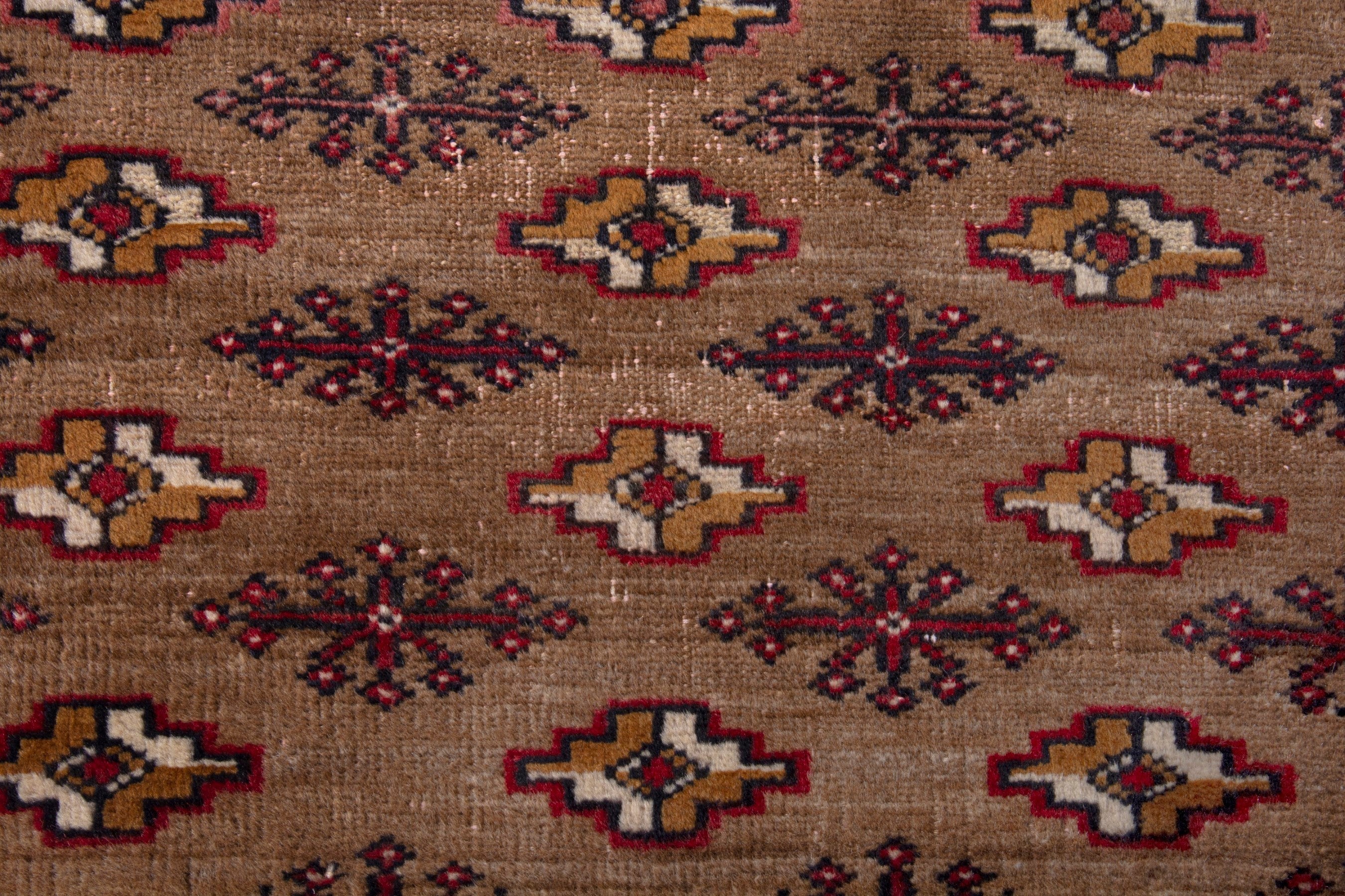 Persian Torkaman accent rug in tan and burgundy, view 6 of 7