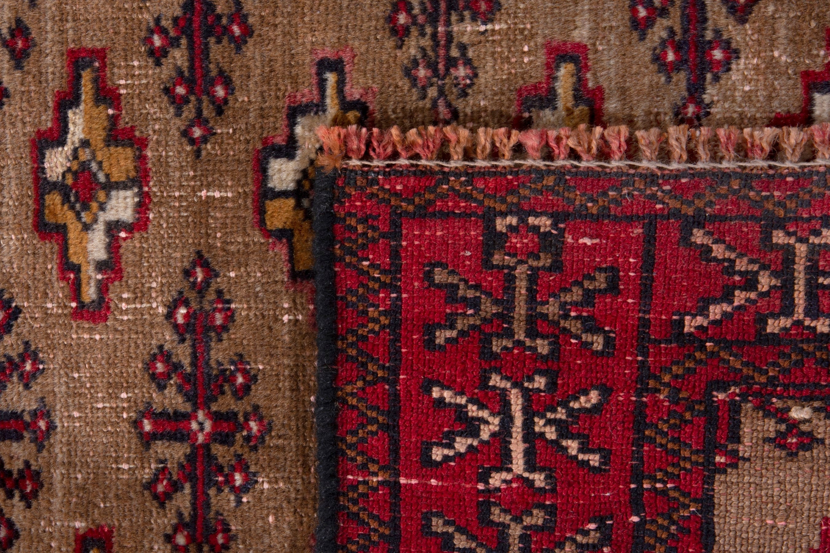 Persian Torkaman accent rug in tan and burgundy, view 7 of 7