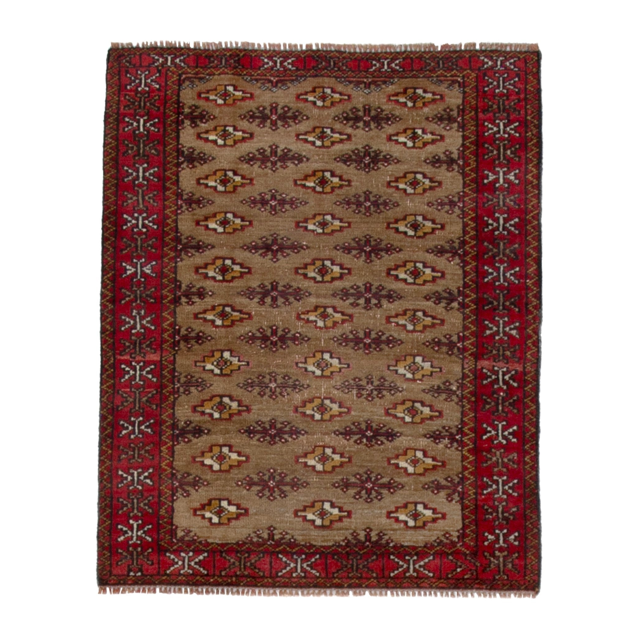 Persian Torkaman accent rug in tan and burgundy, 2'7" x 3'3"